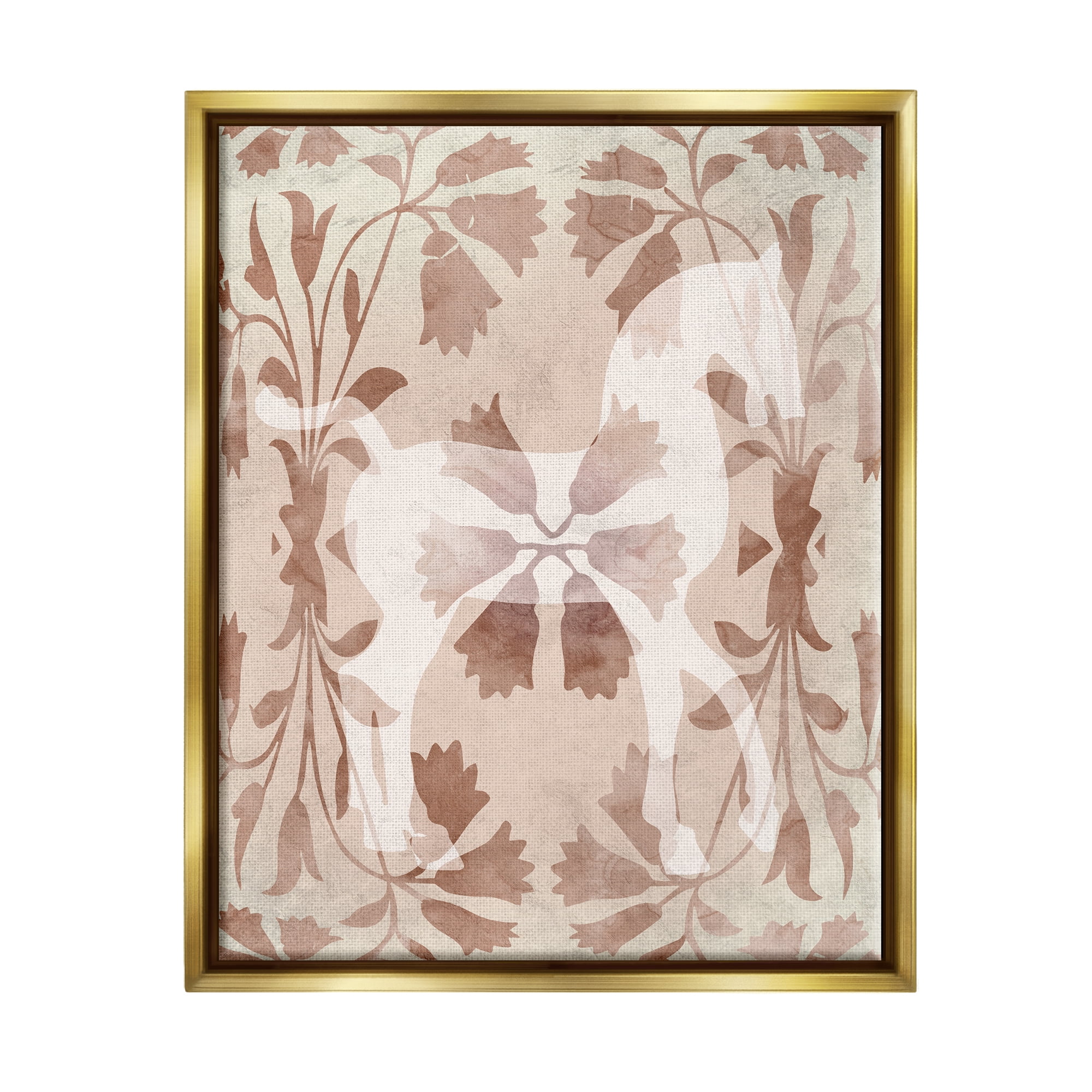 Stupell Industries Beige Flower Pattern Horse Animals & Insects Painting Gold Floater Framed Art Print Wall Art