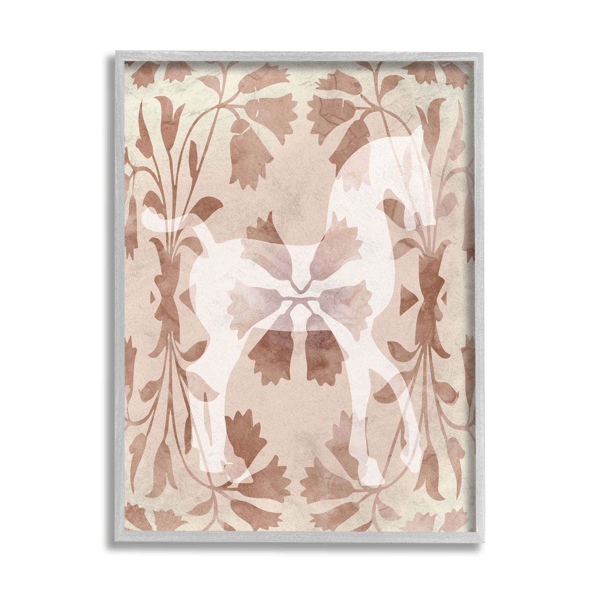 Stupell Industries Beige Flower Pattern Horse Animals & Insects Painting Gray Framed Art Print Wall Art