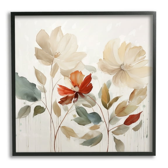 Stupell Industries Beige Flowers Red Detail Botanical & Floral Painting Black Framed Art Print Wall Art, 12 x 12