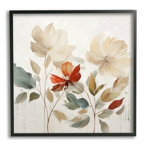 Stupell Industries Beige Flowers Red Detail Botanical & Floral Painting Black Framed Art Print Wall Art, 12 x 12