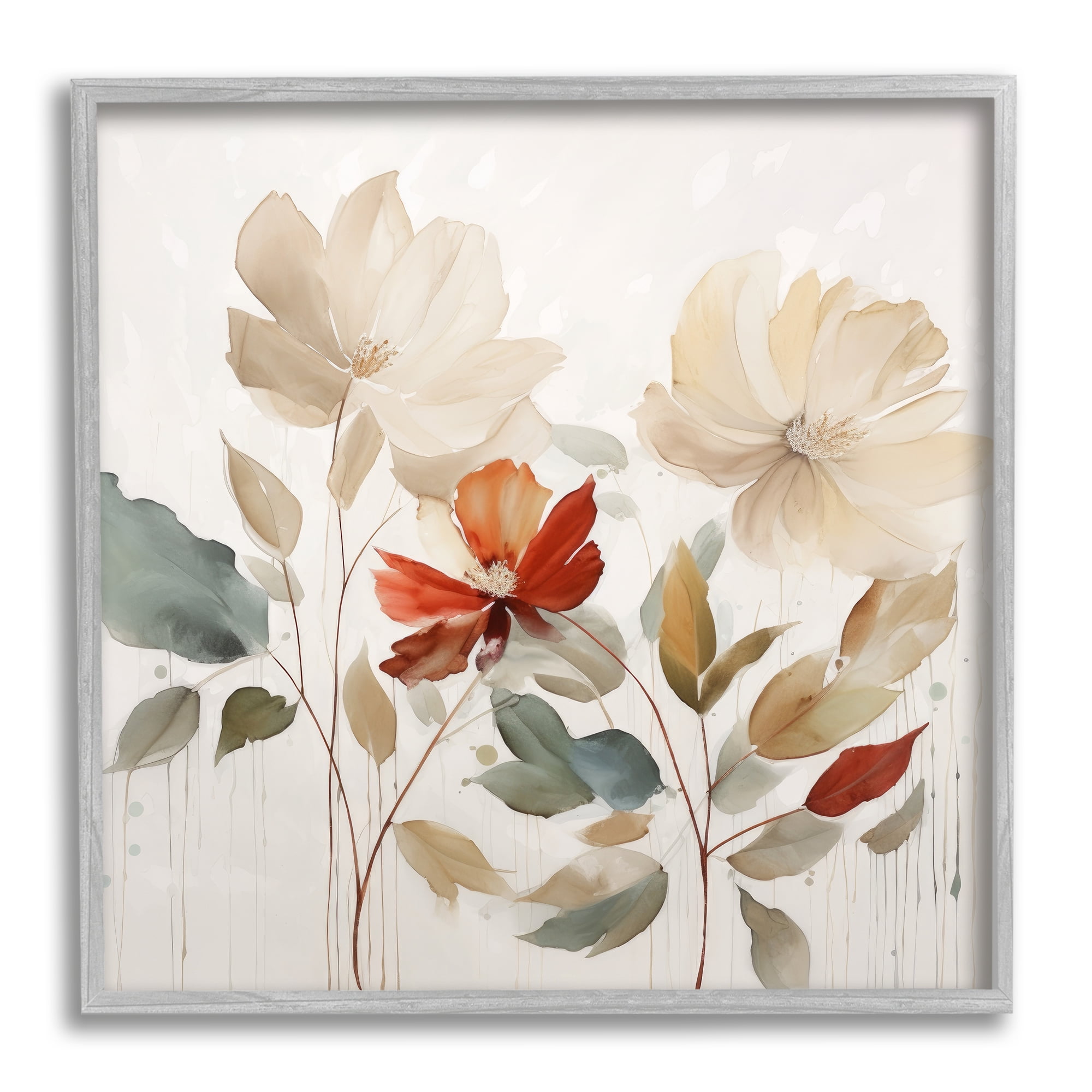 Stupell Industries Beige Flowers Red Detail Botanical & Floral Painting Gray Framed Art Print Wall Art, 12 x 12
