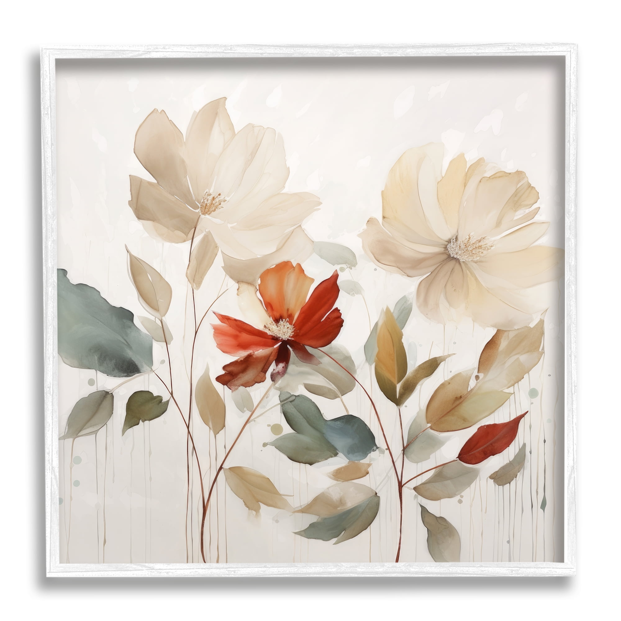 Stupell Industries Beige Flowers Red Detail Botanical & Floral Painting White Framed Art Print Wall Art, 24 x 24