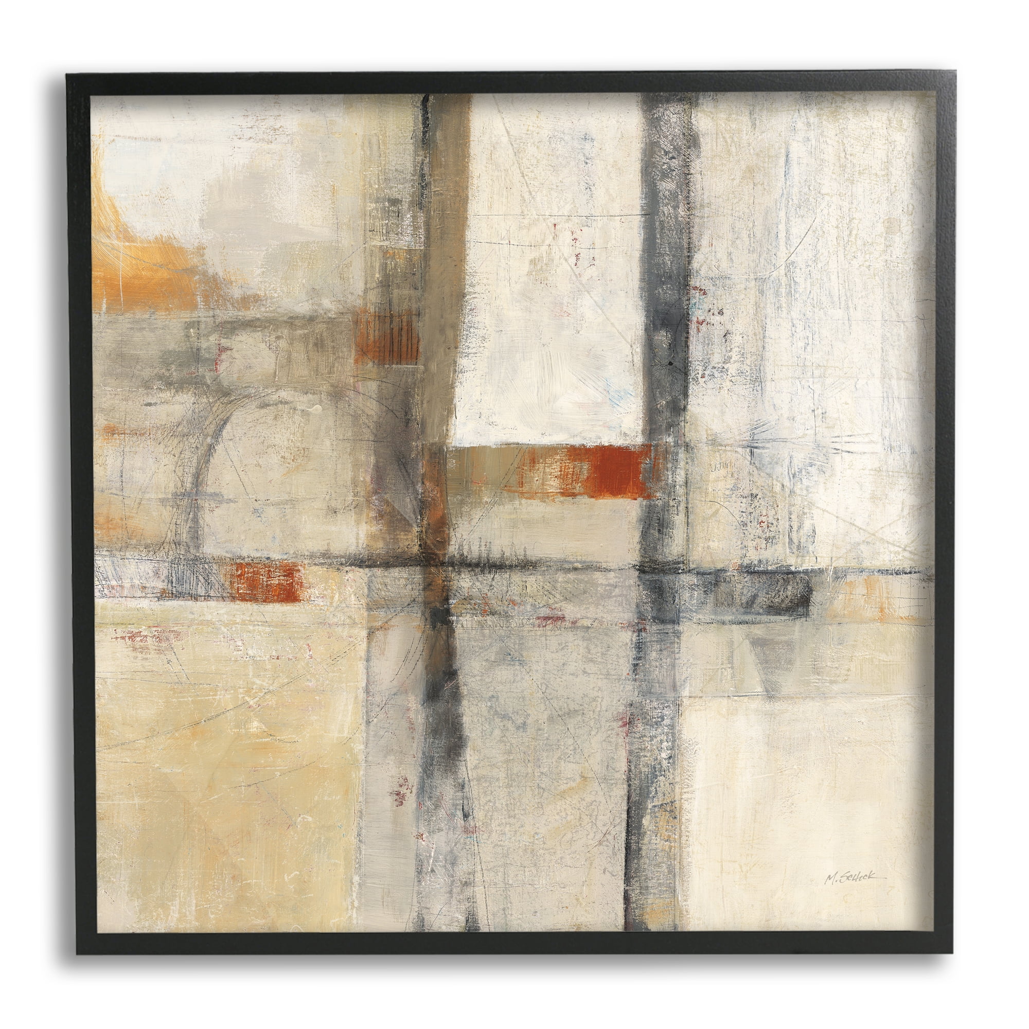 Stupell Industries Beige Geometric Abstraction Abstract Painting Black Framed Art Print Wall Art, 17 x 17