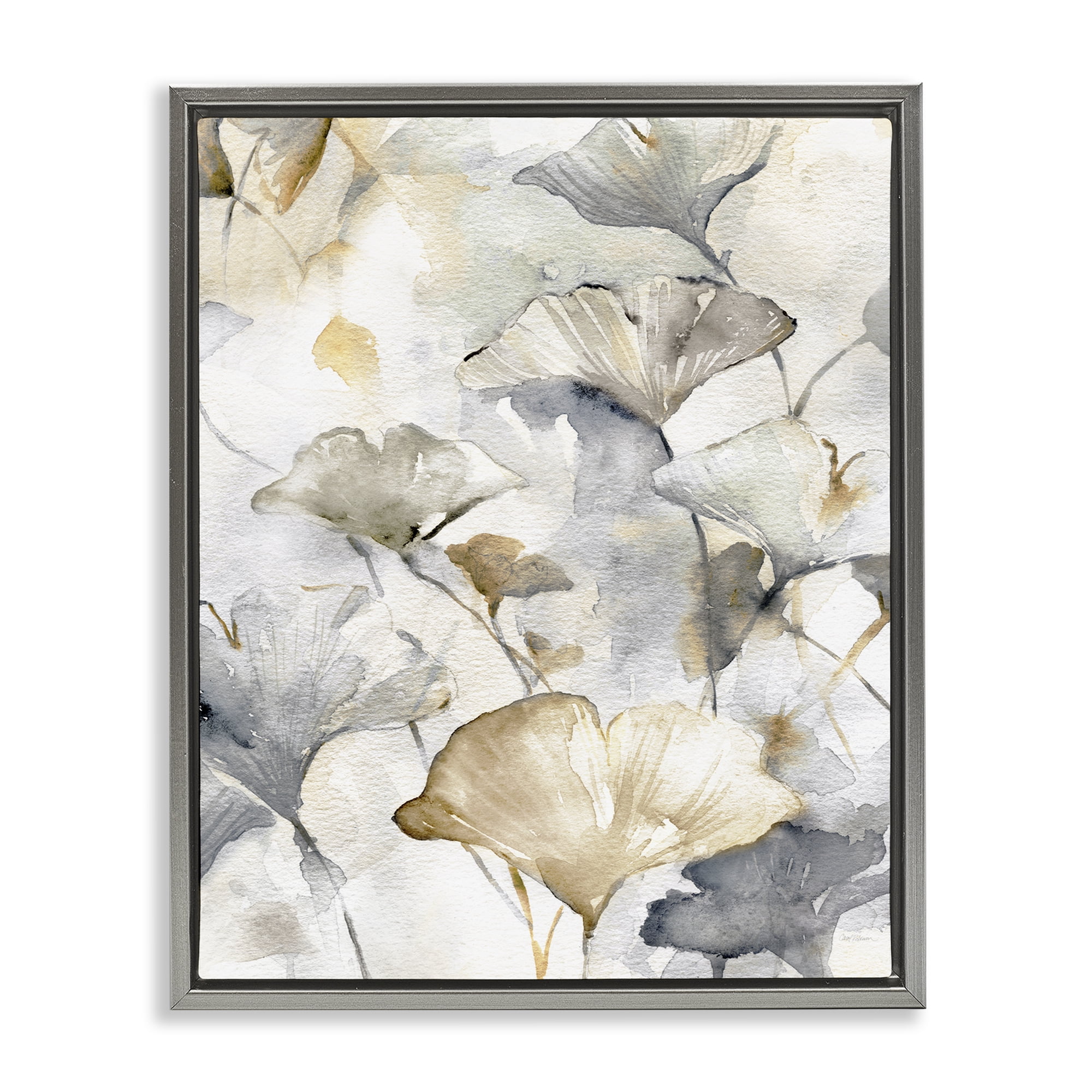 Stupell Industries Beige & Grey Gingkoes Plants & Flowers Painting Gray Floater Framed Canvas Art Print Wall Art, 25 x 31