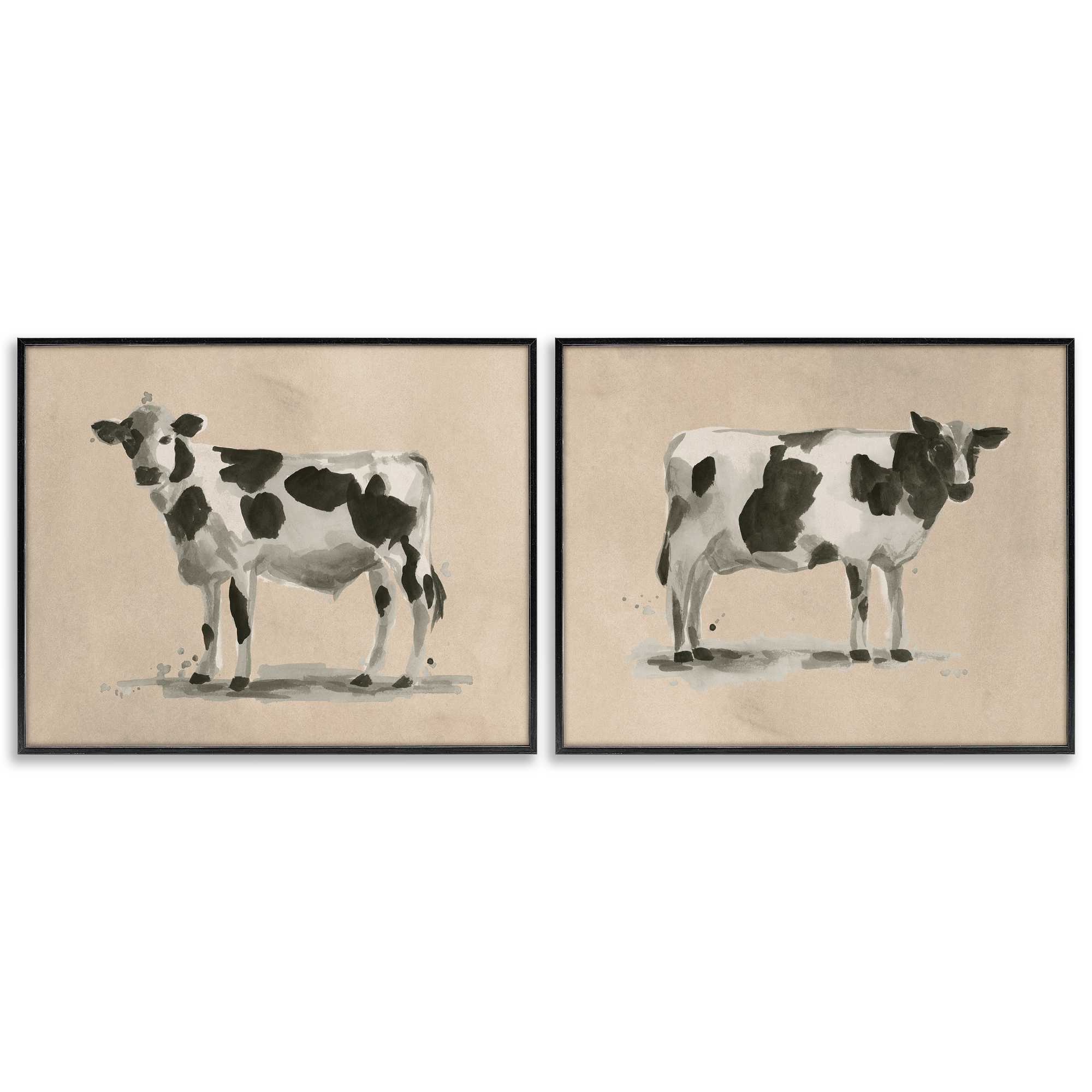 Stupell Industries Beige Holstein Cow Portrait Animals Painting Black Framed Art Print Wall Art, 30 x 24, Set of 2