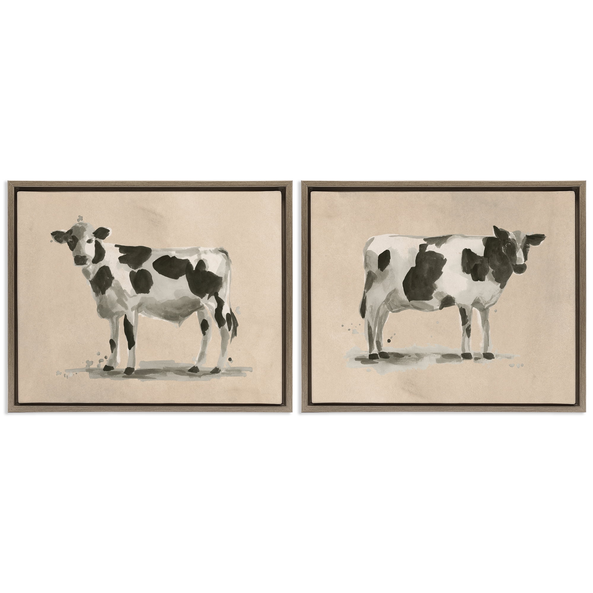 Stupell Industries Beige Holstein Cow Portrait Animals Painting Brown Floater Framed Canvas Art Print Wall Art, 31 x 25, Set of 2