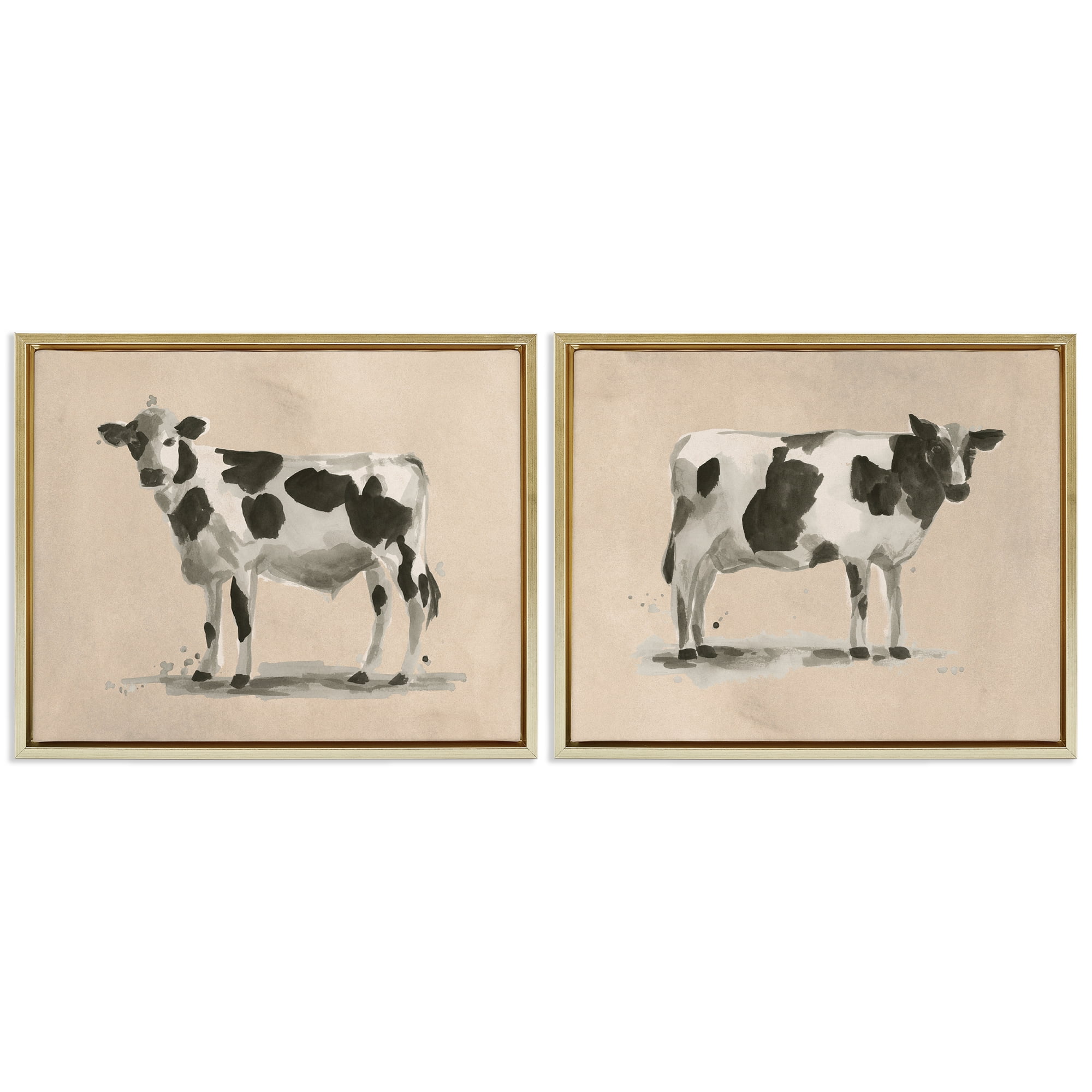 Stupell Industries Beige Holstein Cow Portrait Animals Painting Gold Floater Framed Canvas Art Print Wall Art, 21 x 17, Set of 2