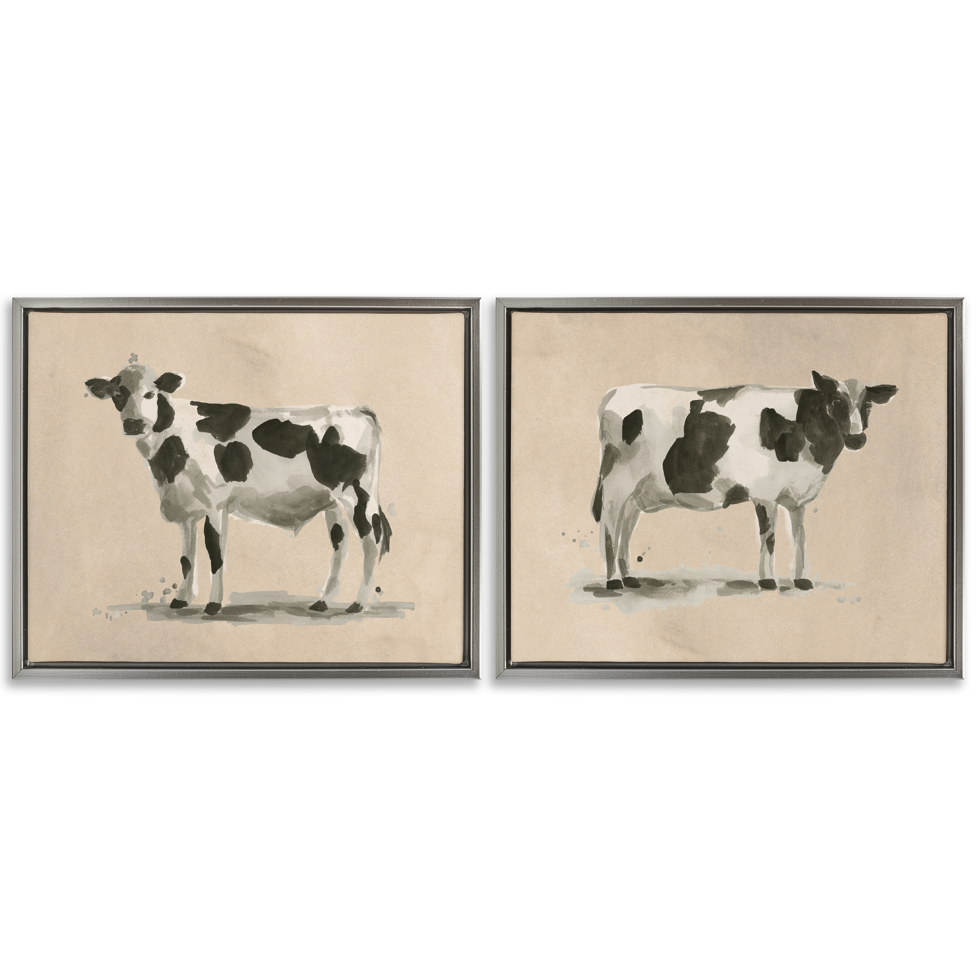 Stupell Industries Beige Holstein Cow Portrait Animals Painting Gray Floater Framed Canvas Art Print Wall Art, 31 x 25, Set of 2