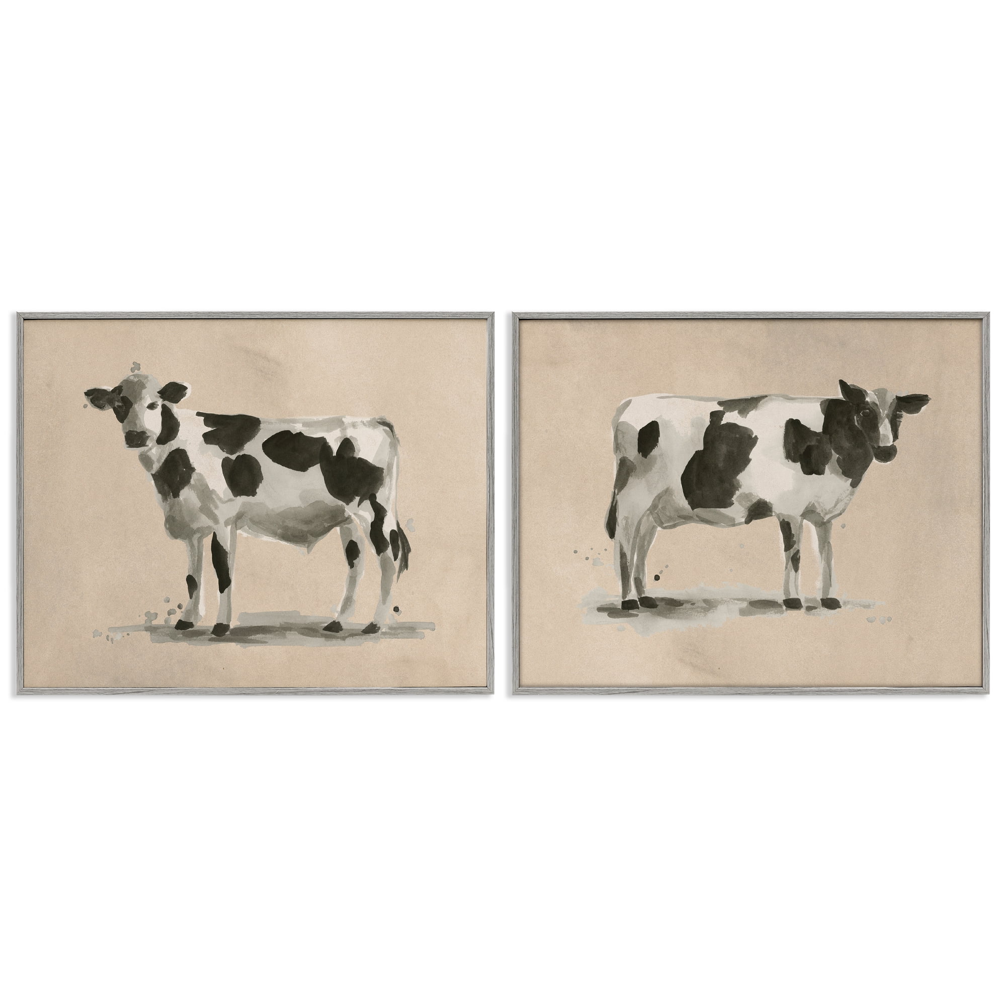 Stupell Industries Beige Holstein Cow Portrait Animals Painting Gray Framed Art Print Wall Art, 14 x 11, Set of 2