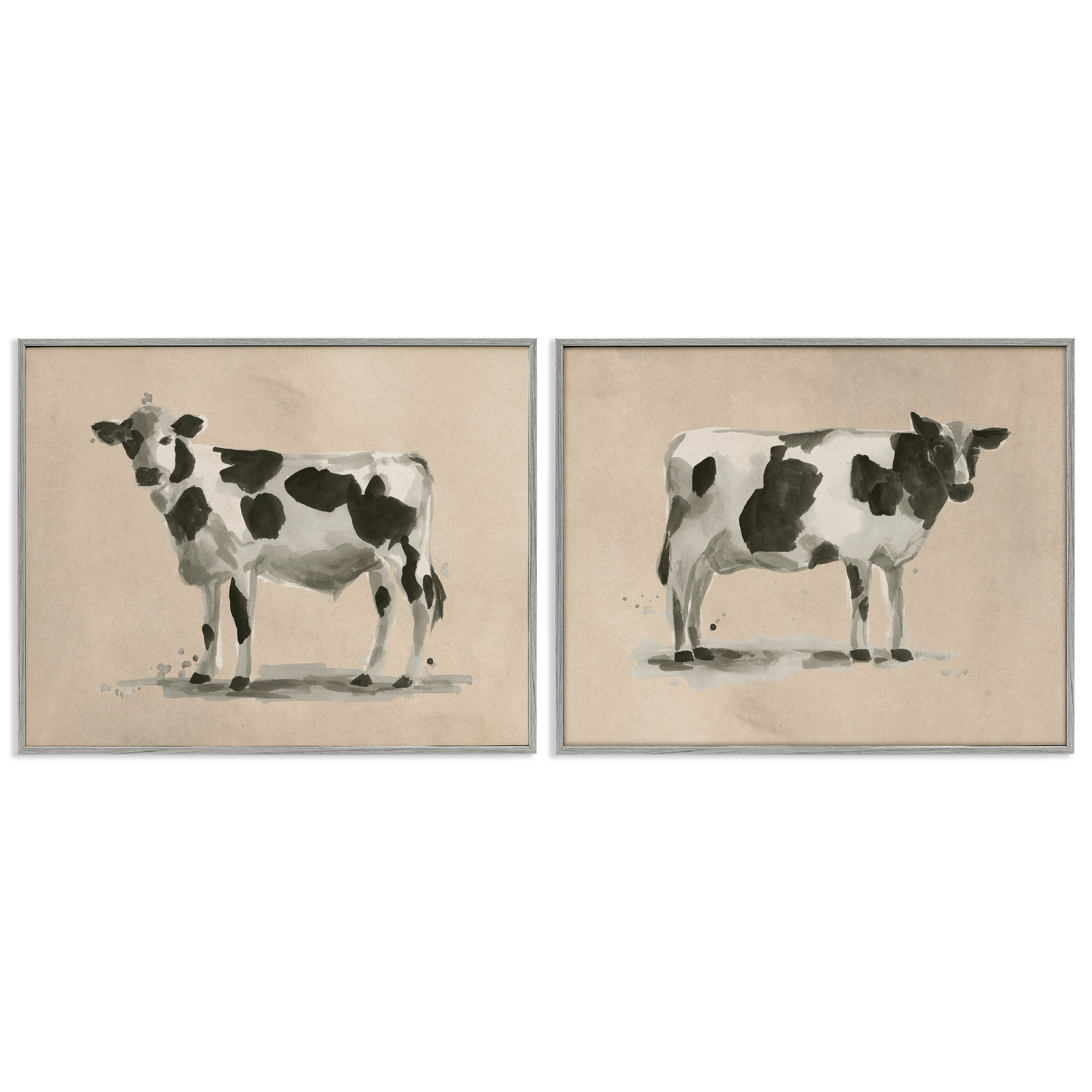 Stupell Industries Beige Holstein Cow Portrait Animals Painting Gray Framed Art Print Wall Art, 20 x 16, Set of 2