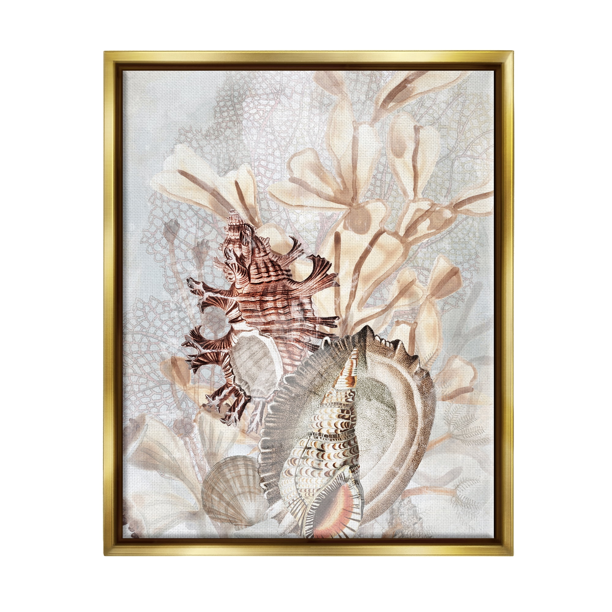 Stupell Industries Beige Mixed Seashells Animals & Insects Painting Gold Floater Framed Canvas Art Print Wall Art, 25 x 31