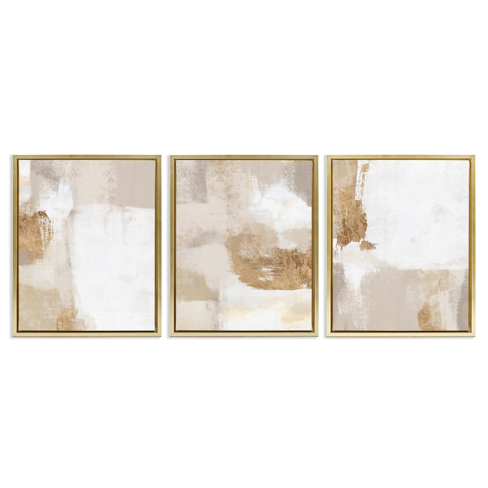 Stupell Industries Beige Modern Abstraction Abstract Painting Gold Floater Framed Canvas Art Print Wall Art, 25 x 31, Set of 3
