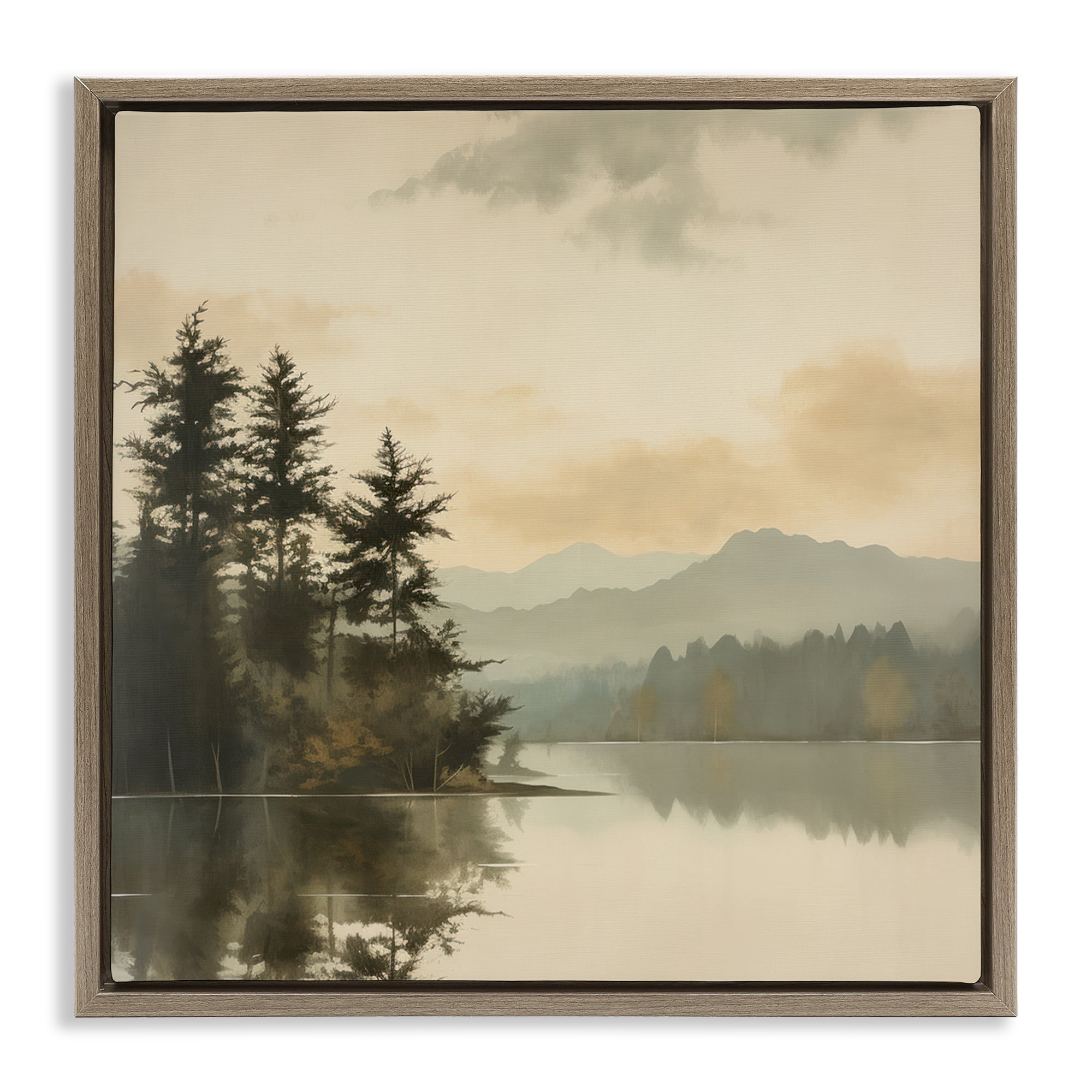 Stupell Industries Beige Mountain Landscape Landscape Painting Brown Floater Framed Canvas Art Print Wall Art, 18 x 18