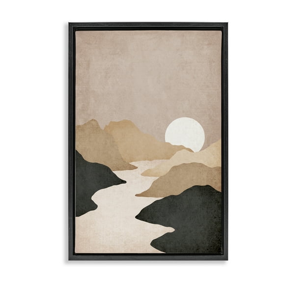 Stupell Industries Beige Mountains with Stream Landscape & Nature Painting Black Floater Framed Canvas Art Print Wall Art, 17 x 25