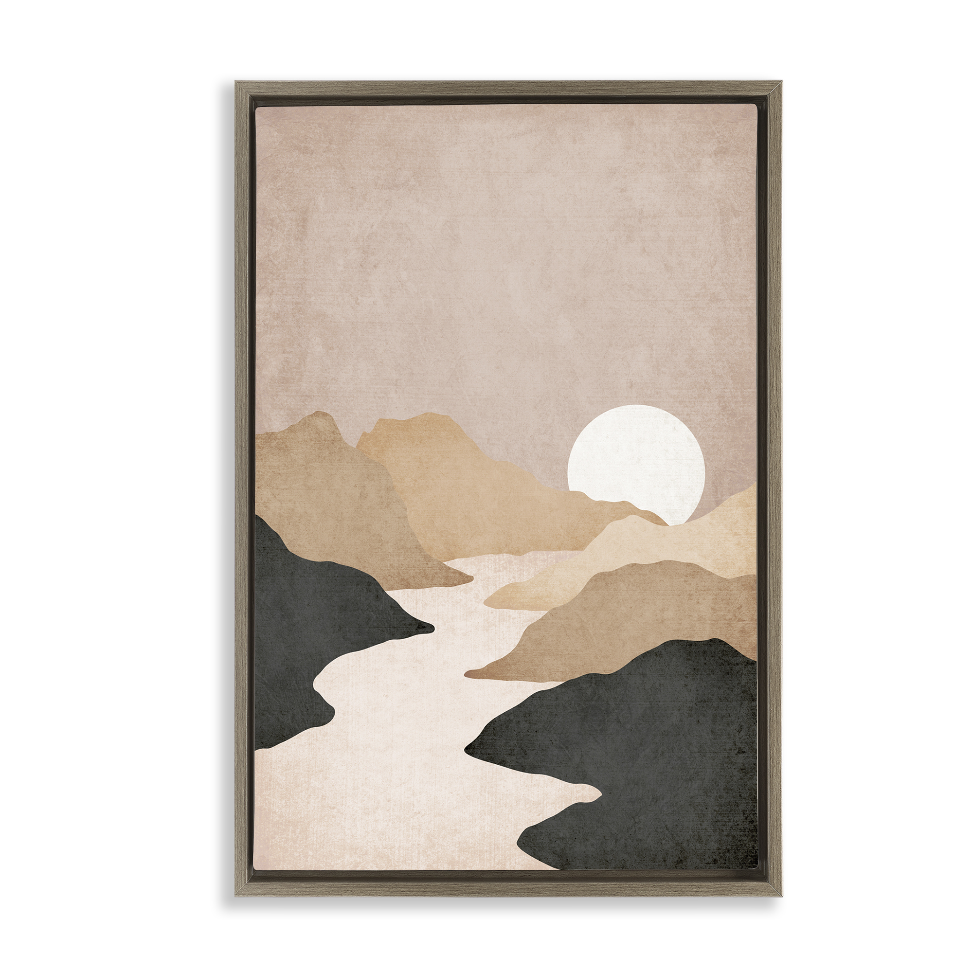 Stupell Industries Beige Mountains with Stream Landscape & Nature Painting Brown Floater Framed Canvas Art Print Wall Art, 17 x 25