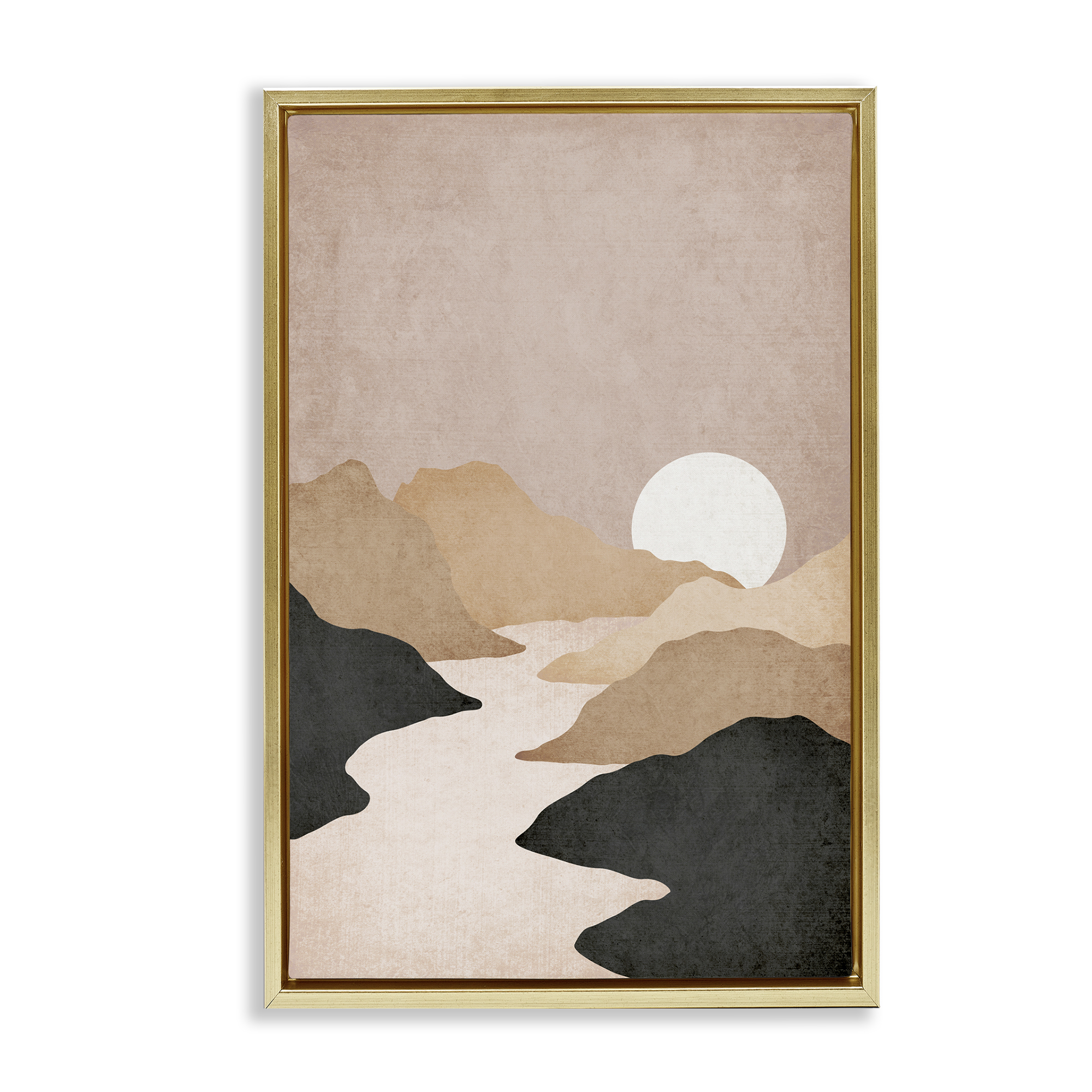 Stupell Industries Beige Mountains with Stream Landscape & Nature Painting Gold Floater Framed Canvas Art Print Wall Art, 17 x 25
