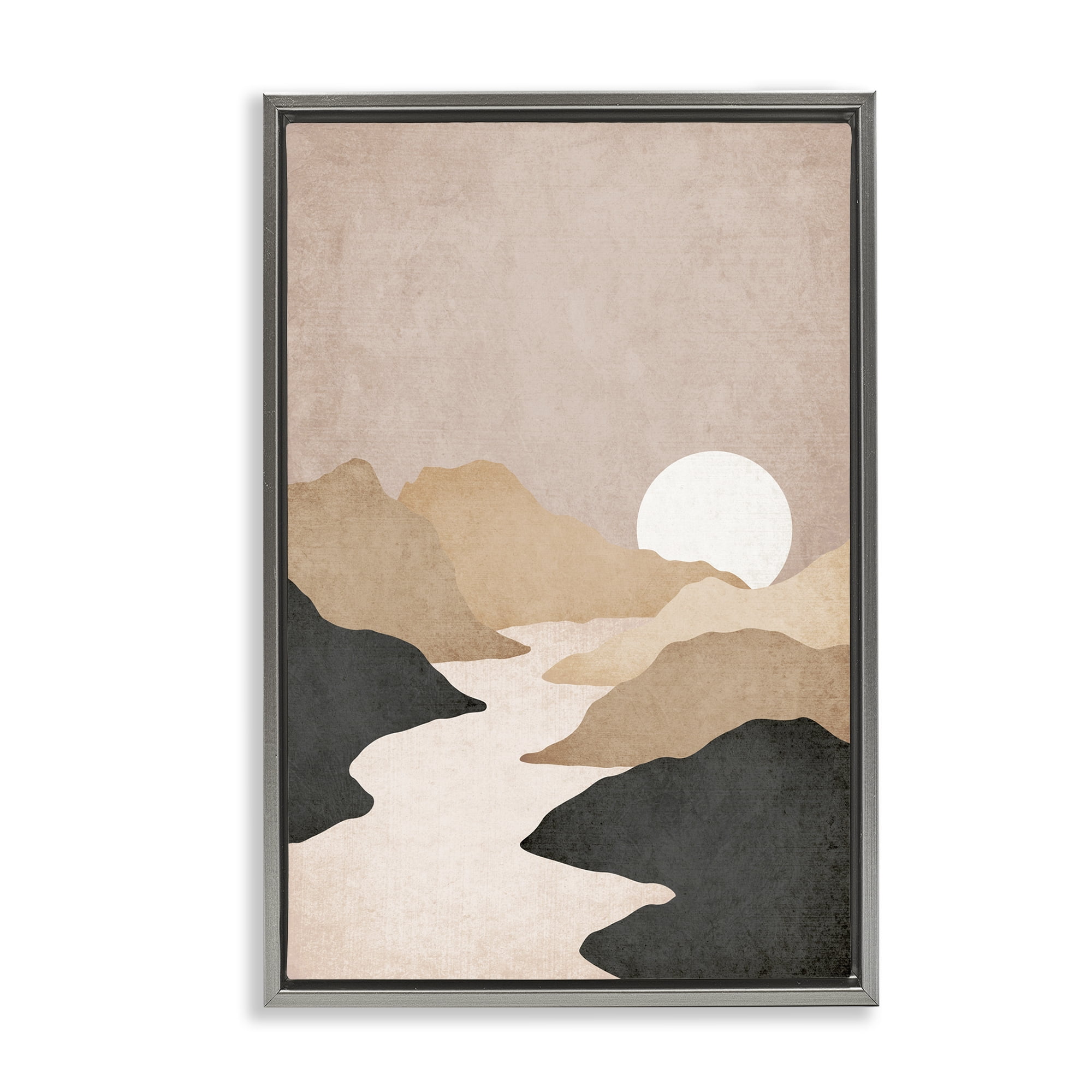 Stupell Industries Beige Mountains with Stream Landscape & Nature Painting Gray Floater Framed Canvas Art Print Wall Art, 21 x 31