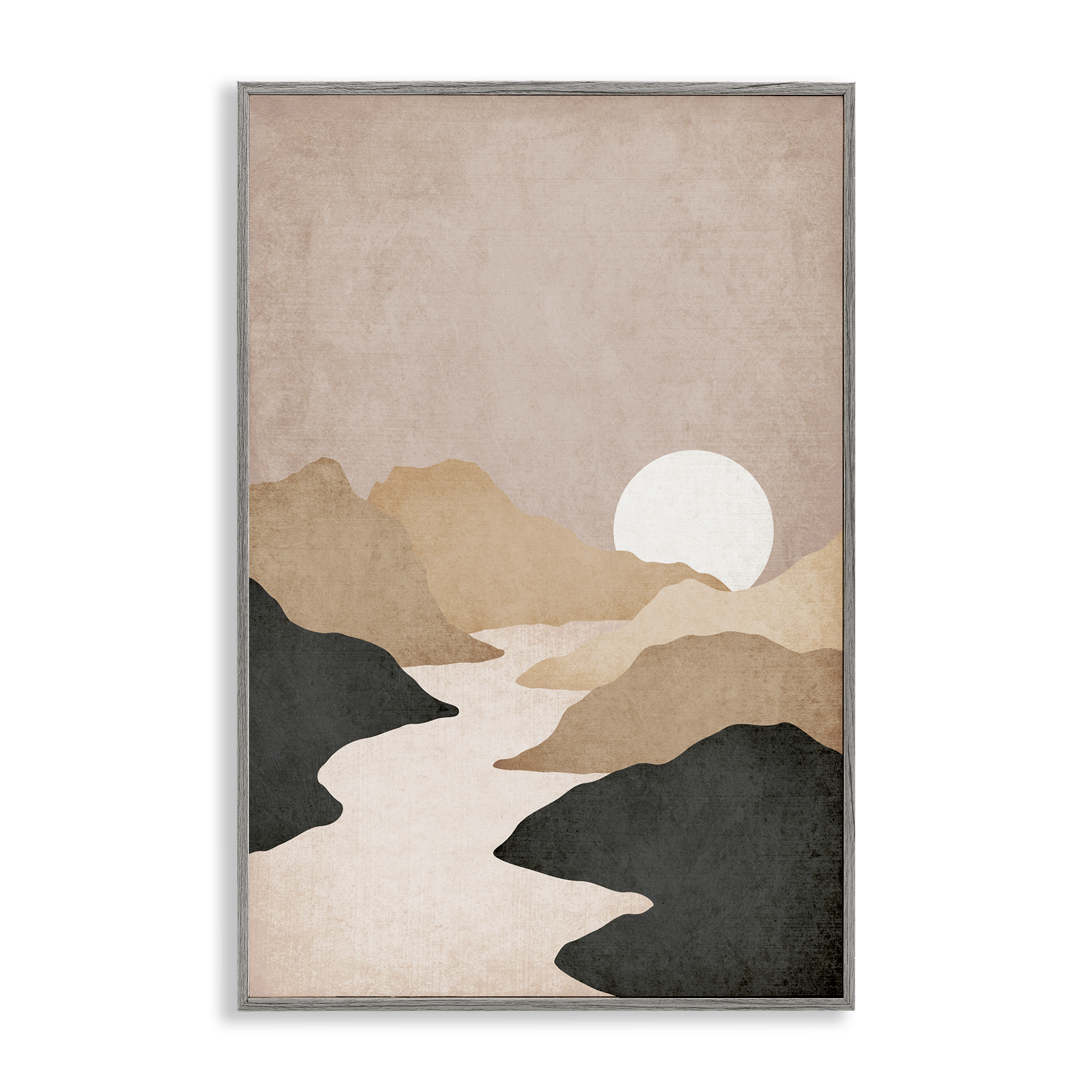 Stupell Industries Beige Mountains with Stream Landscape & Nature Painting Gray Framed Art Print Wall Art, 12 x 18