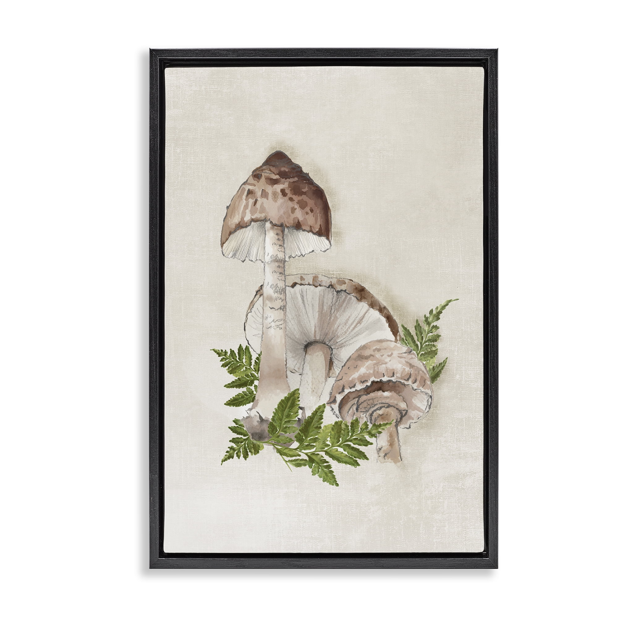 Stupell Industries Beige Mushrooms & Fern Plants & Flowers Painting Black Floater Framed Canvas Art Print Wall Art, 21 x 31