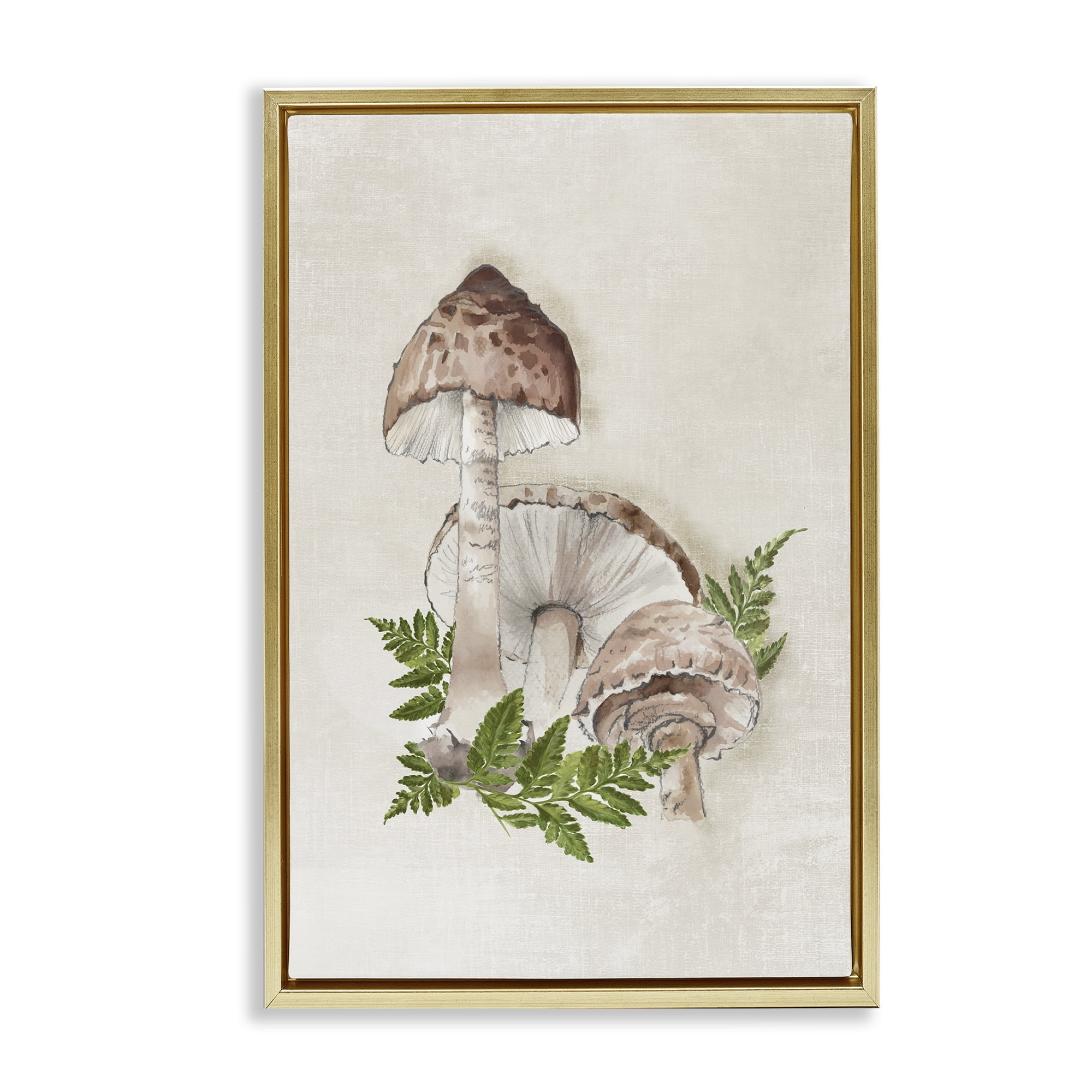 Stupell Industries Beige Mushrooms & Fern Plants & Flowers Painting Gold Floater Framed Canvas Art Print Wall Art, 17 x 25