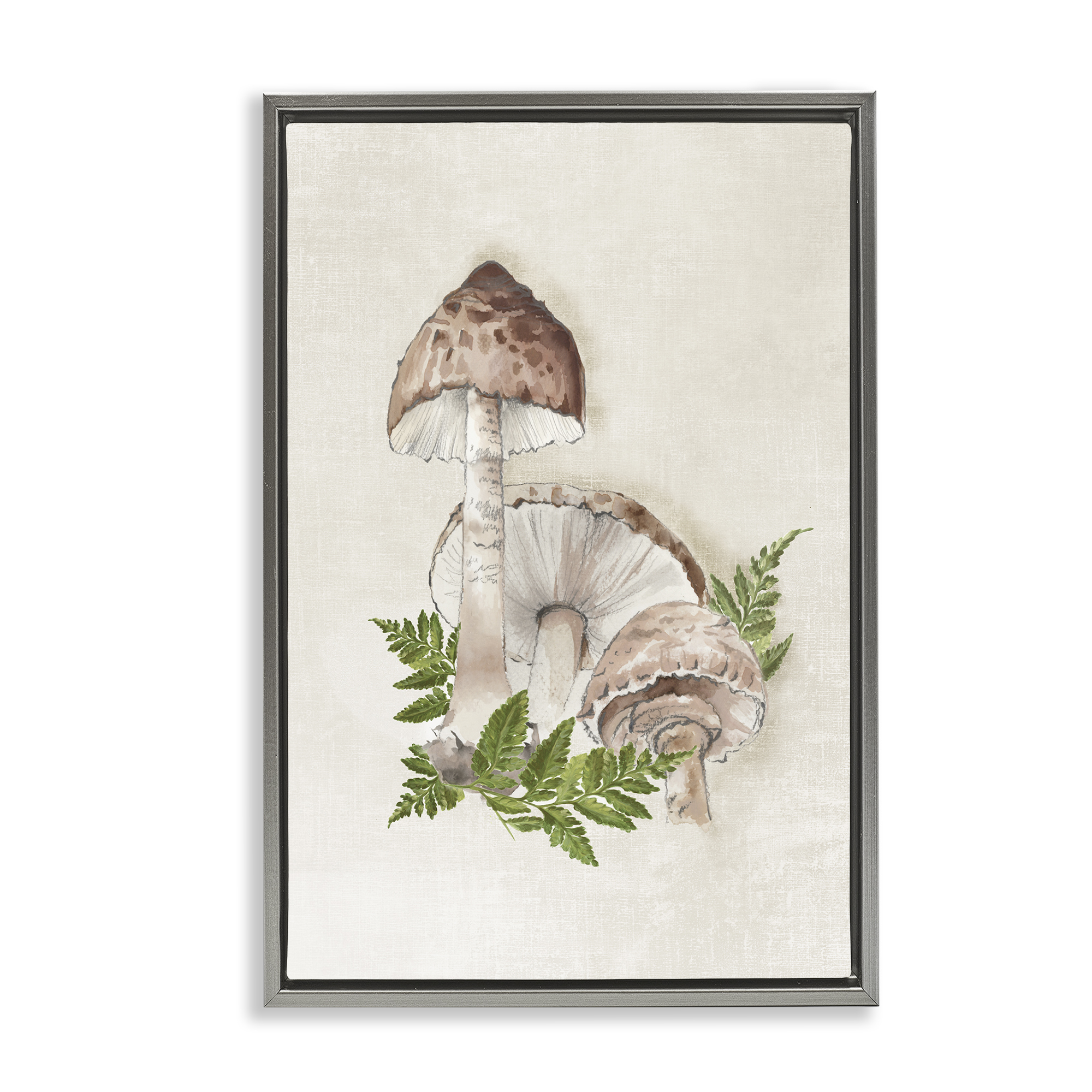 Stupell Industries Beige Mushrooms & Fern Plants & Flowers Painting Gray Floater Framed Canvas Art Print Wall Art, 17 x 25