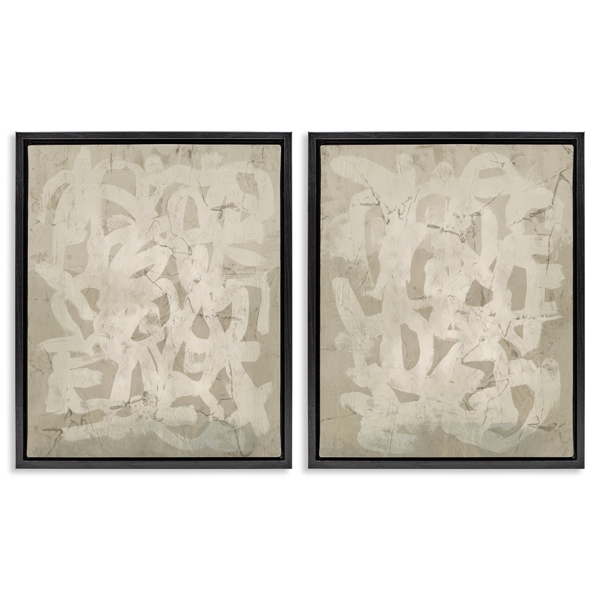 Stupell Industries Beige Neutral Brutalist Style Abstract Painting Black Floater Framed Canvas Art Print Wall Art, 31 x 25, Set of 2