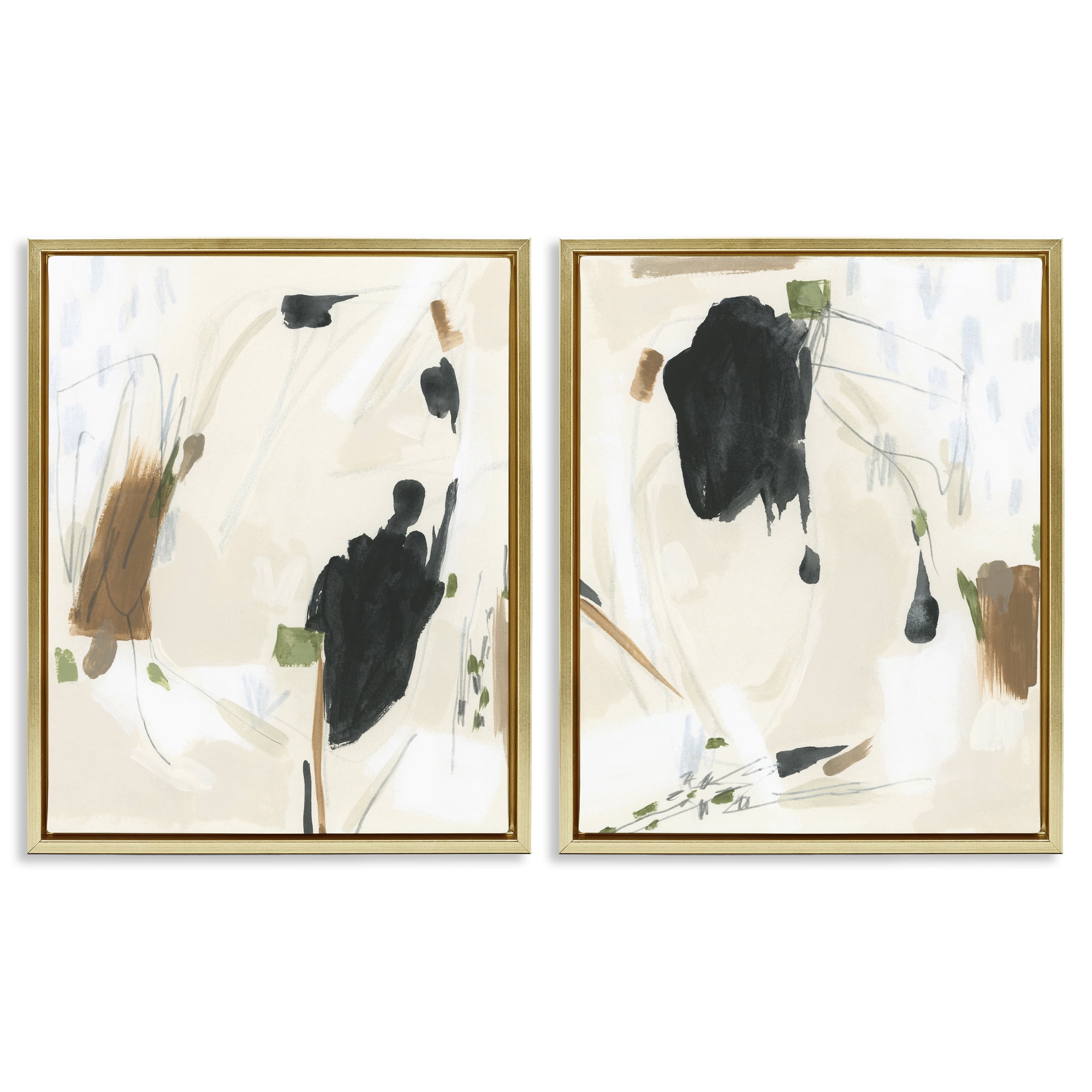 Stupell Industries Beige Olive Abstract Classic Abstract Painting Gold Floater Framed Canvas Art Print Wall Art, 31 x 25, Set of 2