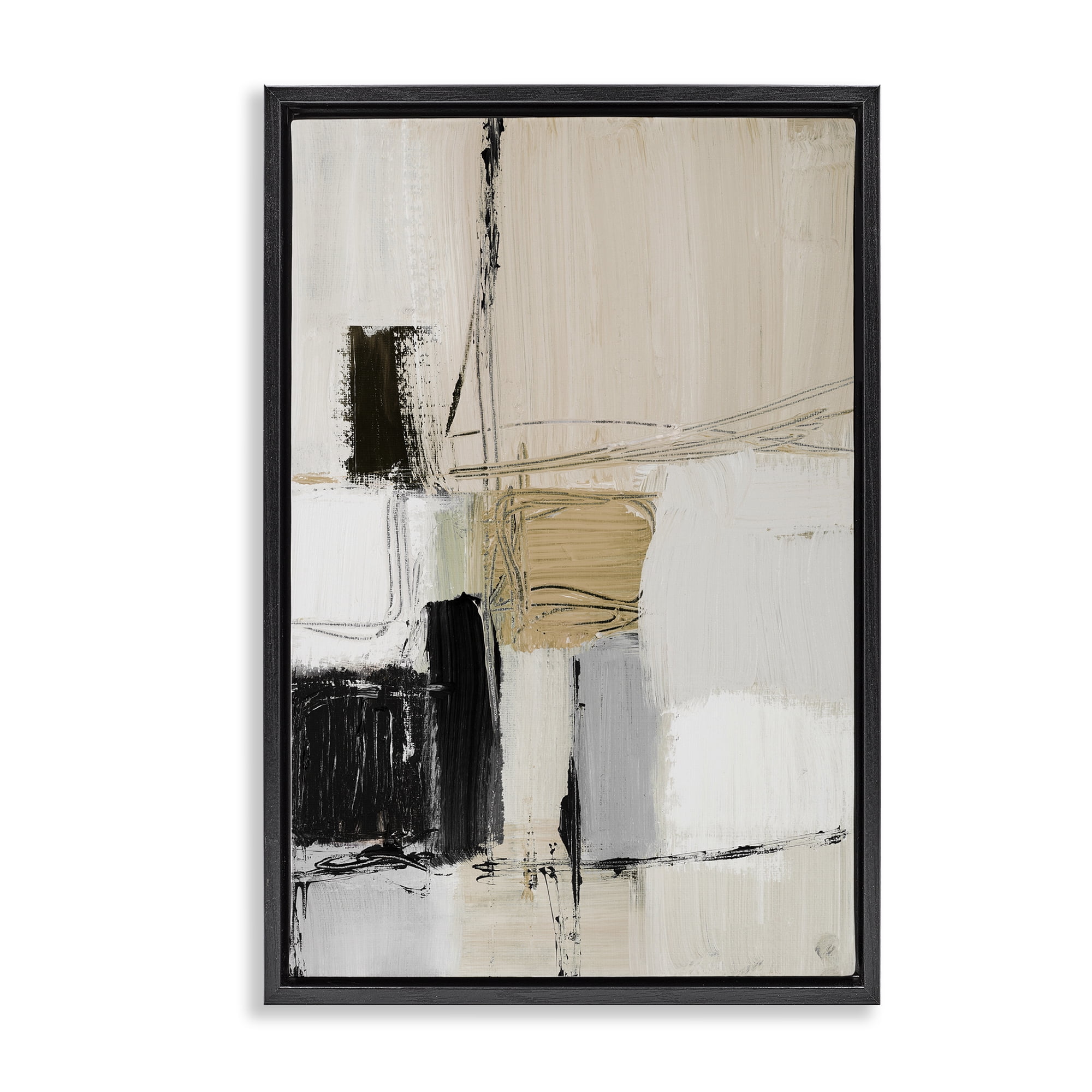 Stupell Industries Beige Organic Shapes Collage Abstract Painting Black Floater Framed Canvas Art Print Wall Art, 21 x 31