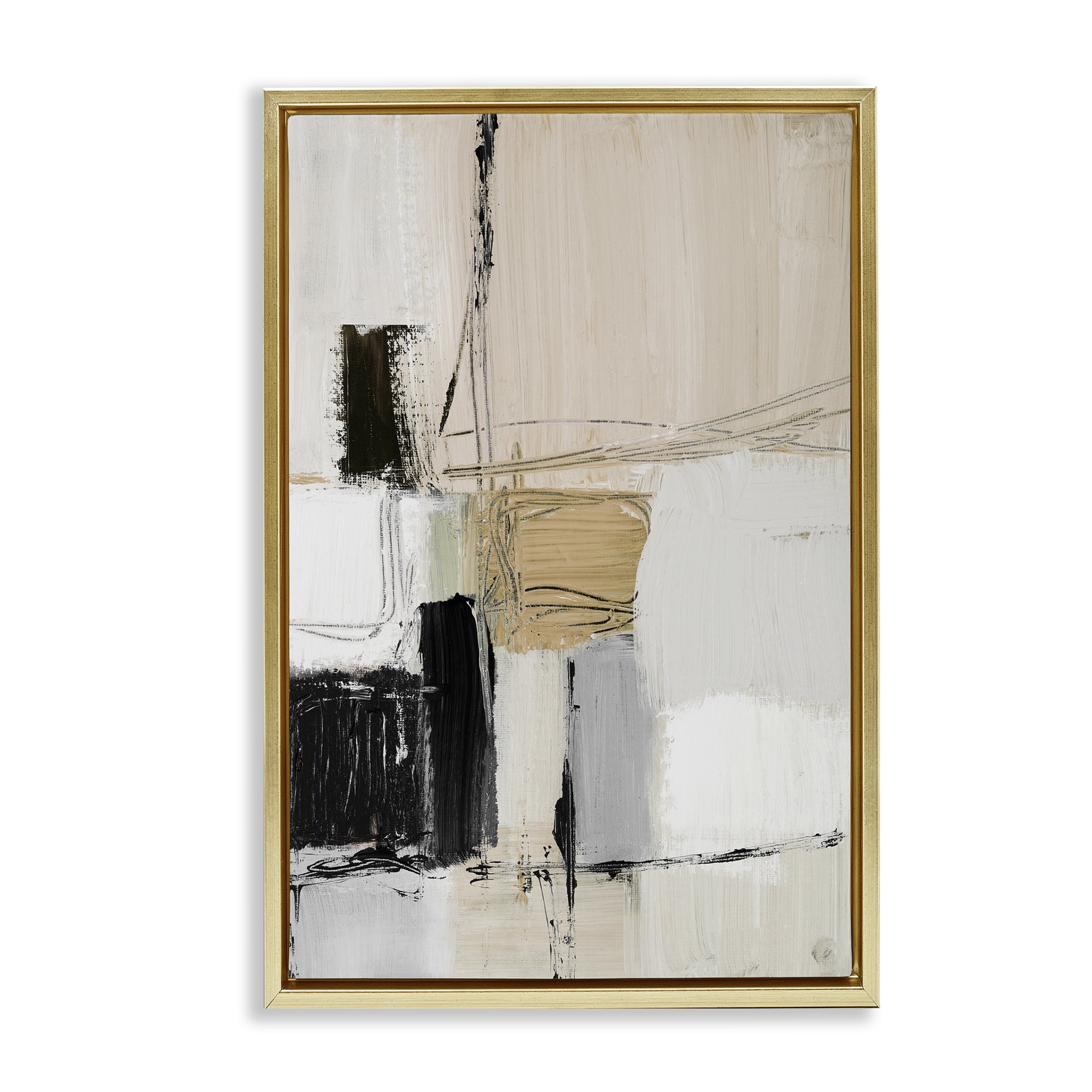 Stupell Industries Beige Organic Shapes Collage Abstract Painting Gold Floater Framed Canvas Art Print Wall Art, 17 x 25