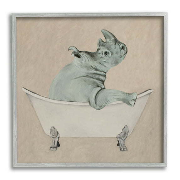 Stupell Industries Beige Rhinoceros Bathtub Wildlife Animals & Insects Painting Gray Framed Art Print Wall Art