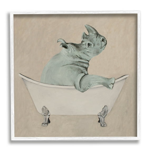 Stupell Industries Beige Rhinoceros Bathtub Wildlife Animals & Insects Painting White Framed Art Print Wall Art