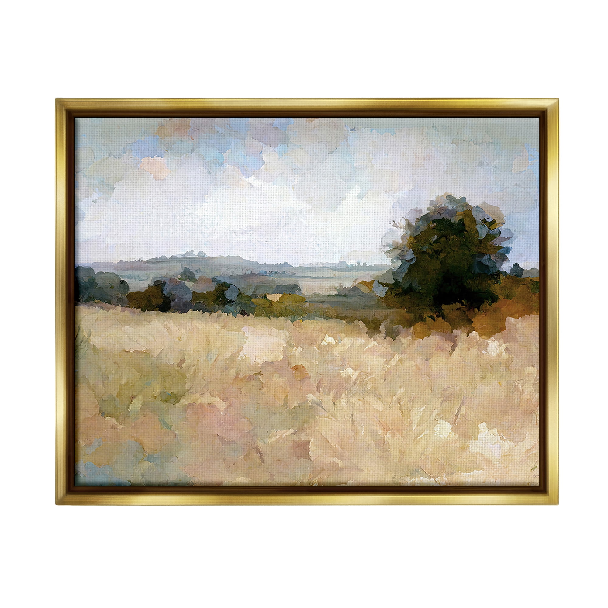 Stupell Industries Beige Rural Field Landscape Painting Gold Floater Framed Canvas Art Print Wall Art, 21 x 17