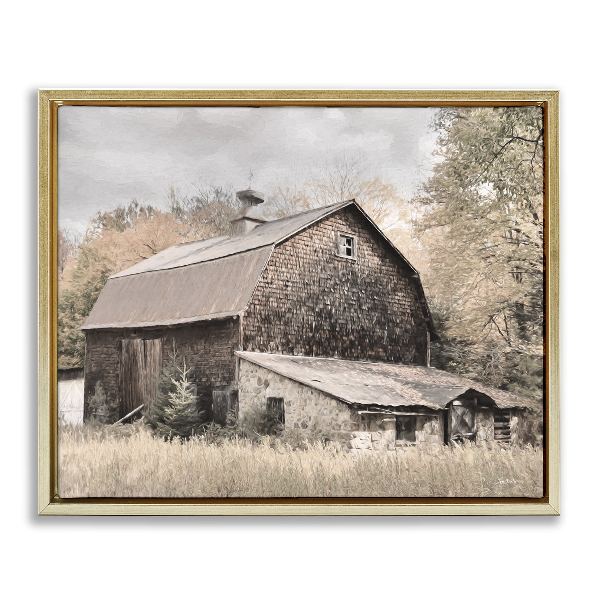 Stupell Industries Beige Rustic Barn Landscape & Nature Photography Gold Floater Framed Canvas Art Print Wall Art, 31 x 25