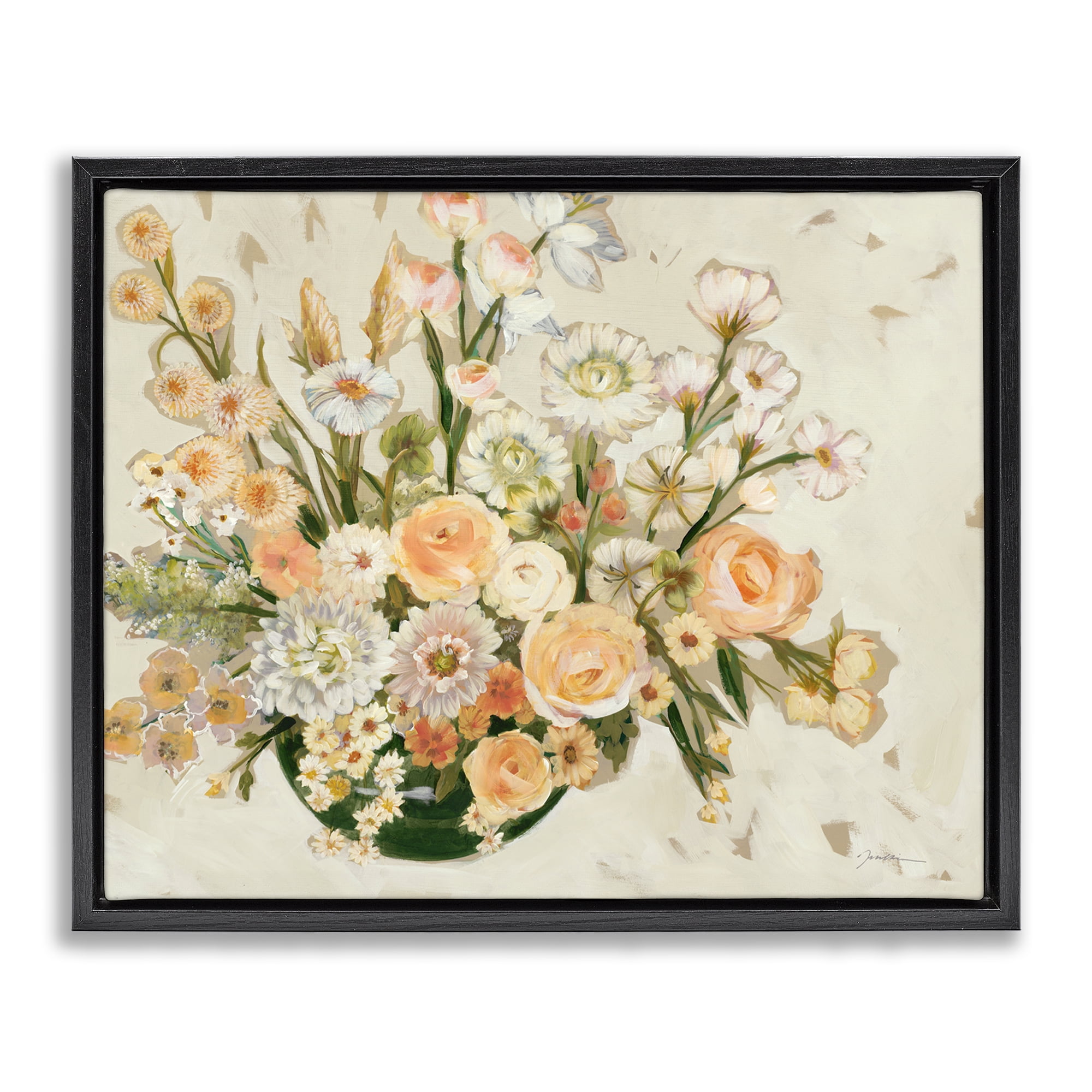Stupell Industries Beige Shabby Chic Flowers Floral & Botanical Painting Black Floater Framed Canvas Art Print Wall Art, 31 x 25