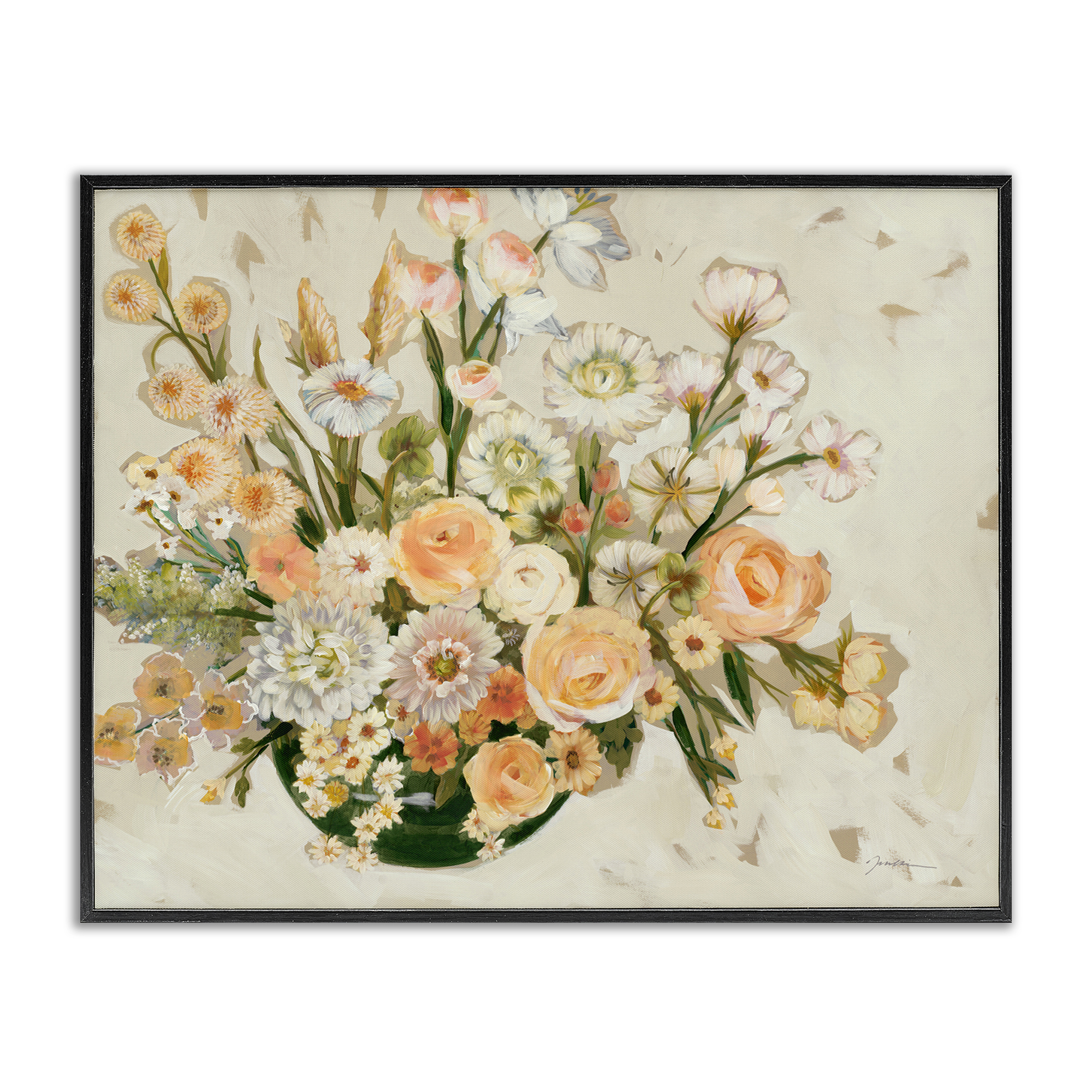 Stupell Industries Beige Shabby Chic Flowers Floral & Botanical Painting Black Framed Art Print Wall Art, 20 x 16