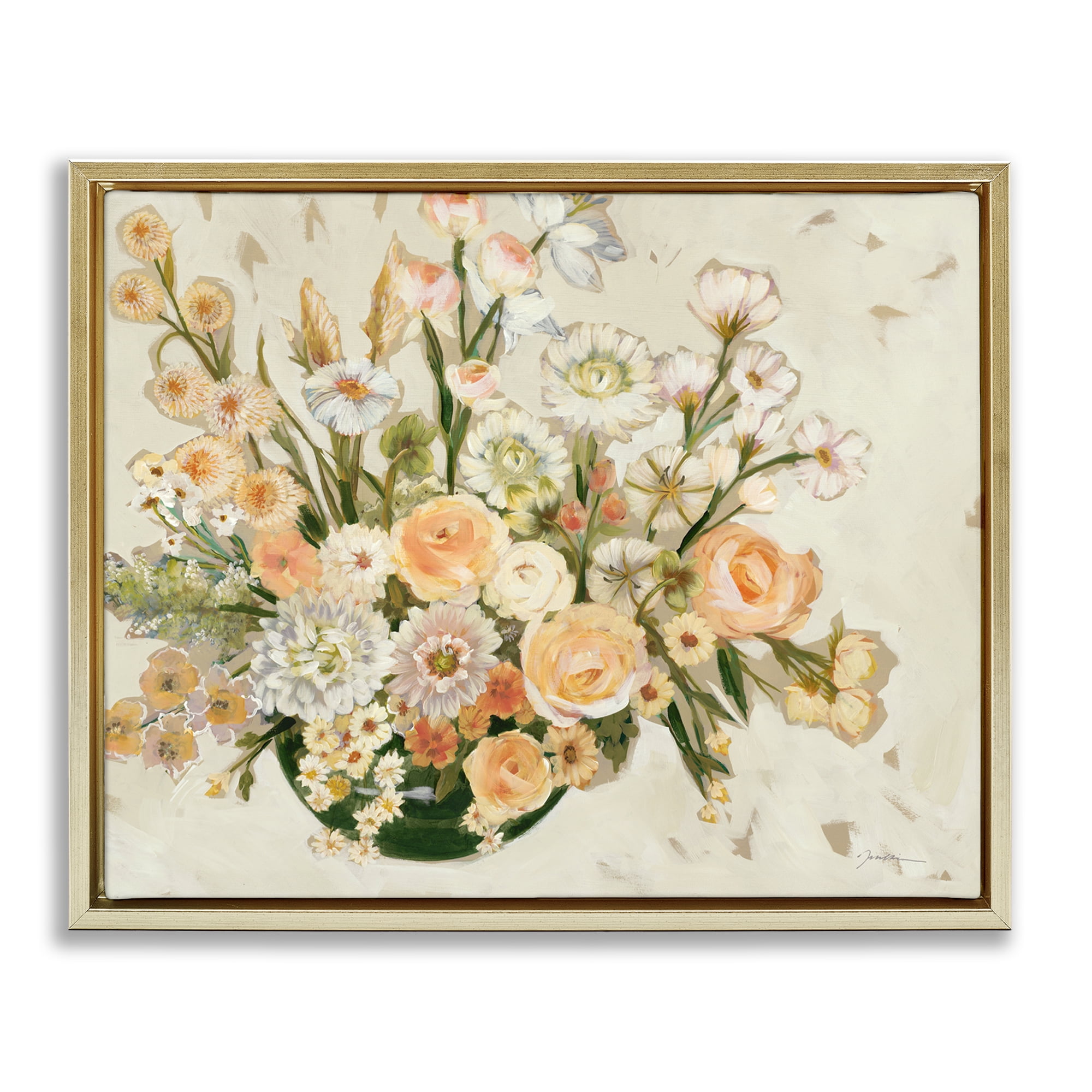 Stupell Industries Beige Shabby Chic Flowers Floral & Botanical Painting Gold Floater Framed Canvas Art Print Wall Art, 31 x 25