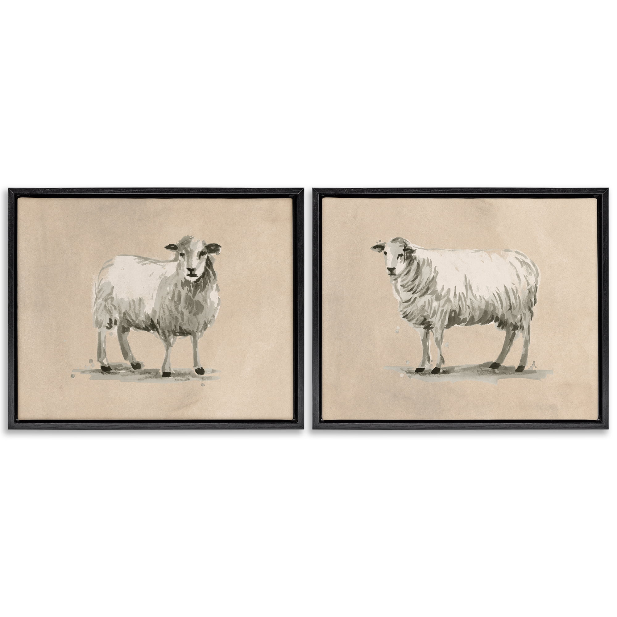 Stupell Industries Beige Sheep Portrait Animals Painting Black Floater Framed Canvas Art Print Wall Art, 21 x 17, Set of 2