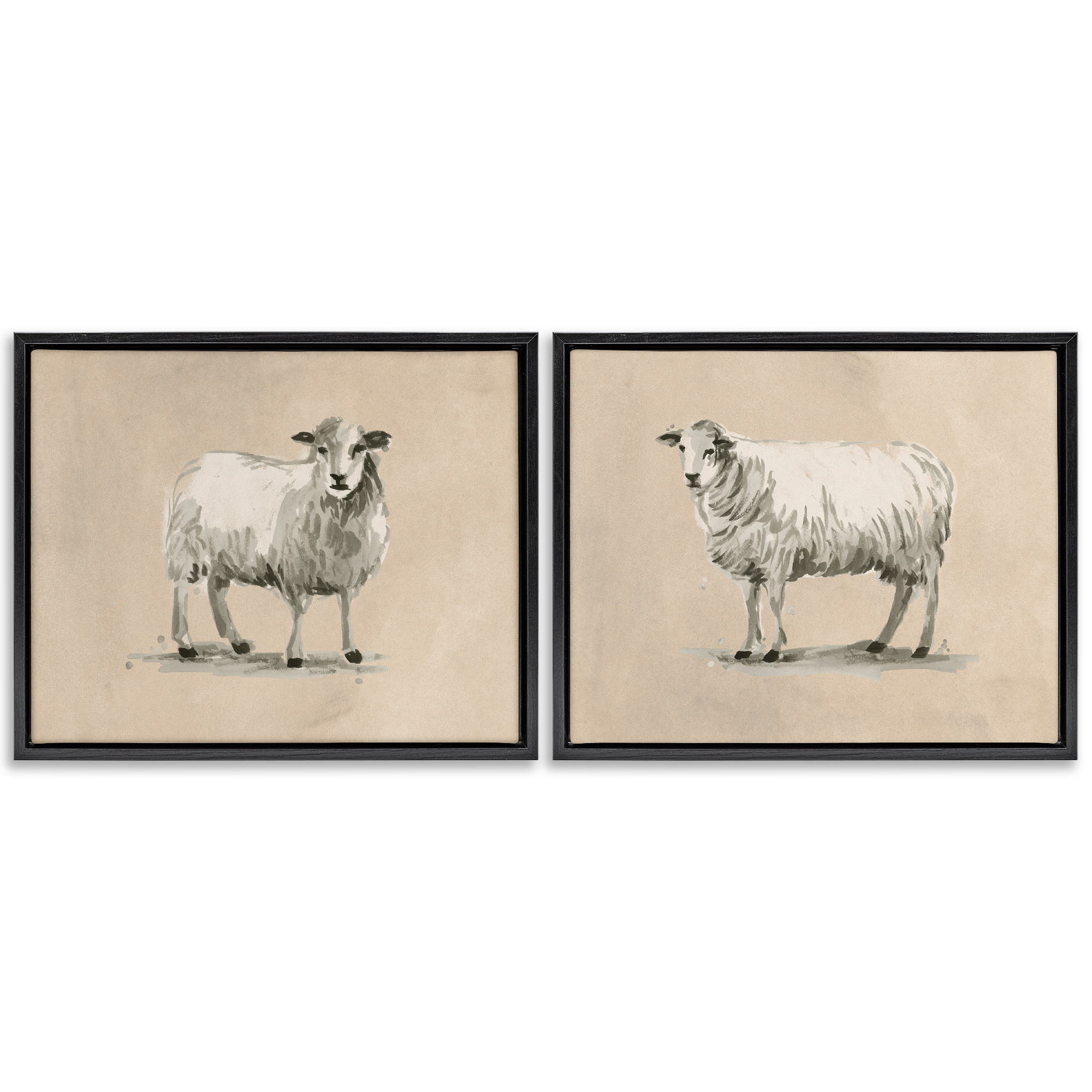 Stupell Industries Beige Sheep Portrait Animals Painting Black Floater Framed Canvas Art Print Wall Art, 31 x 25, Set of 2