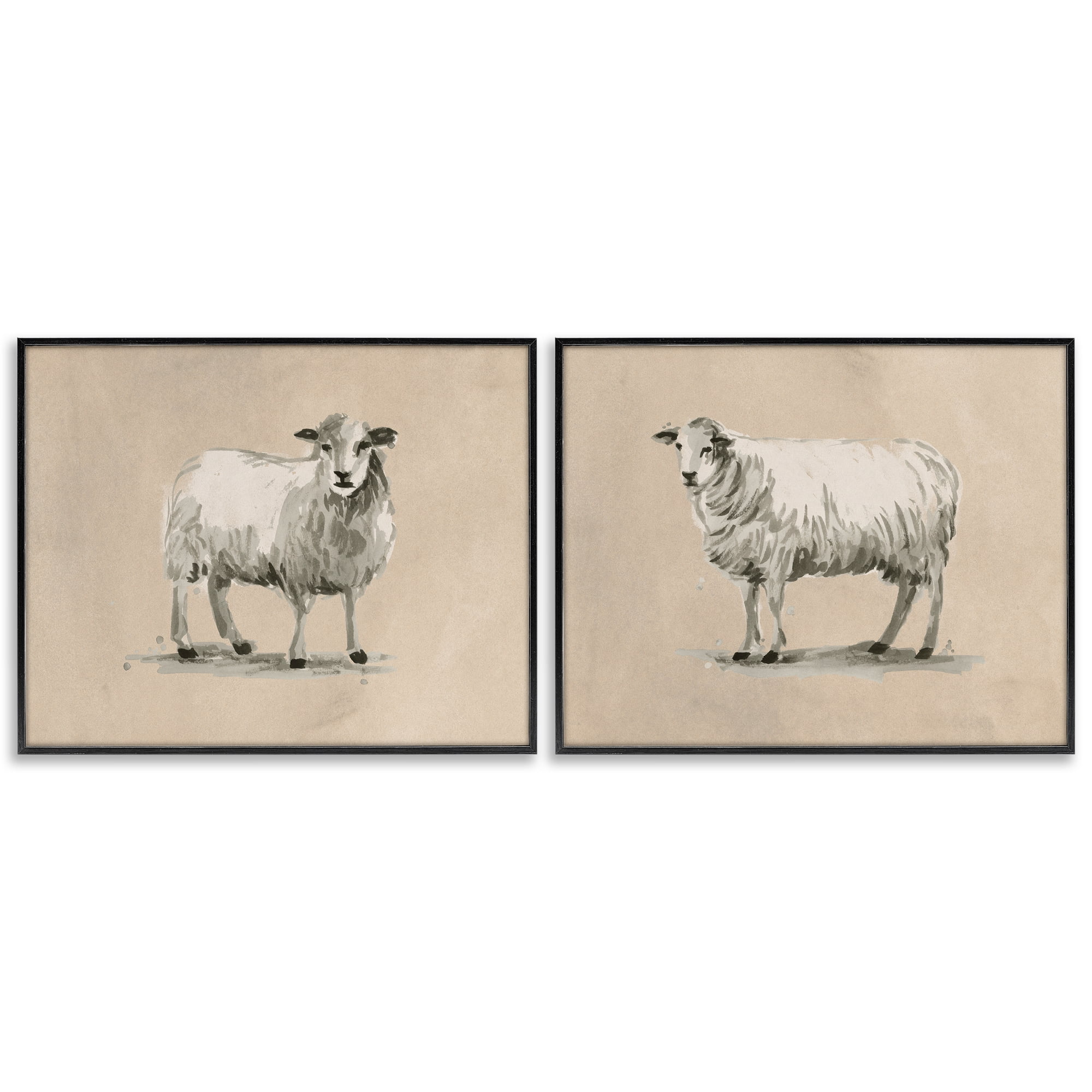Stupell Industries Beige Sheep Portrait Animals Painting Black Framed Art Print Wall Art, 30 x 24, Set of 2