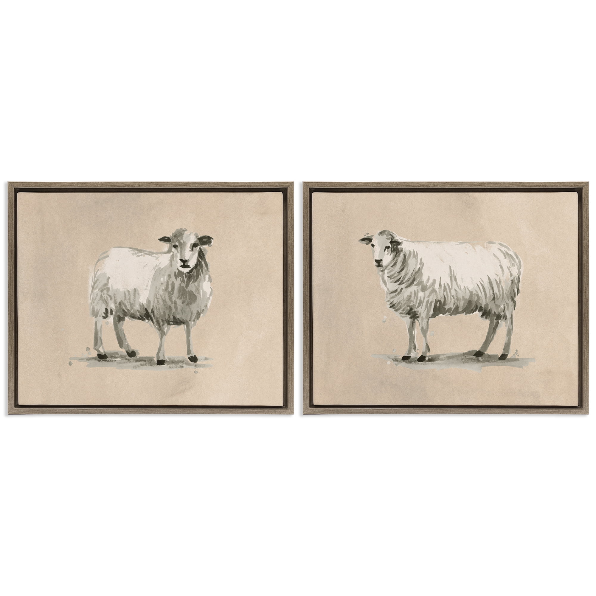 Stupell Industries Beige Sheep Portrait Animals Painting Brown Floater Framed Canvas Art Print Wall Art, 31 x 25, Set of 2