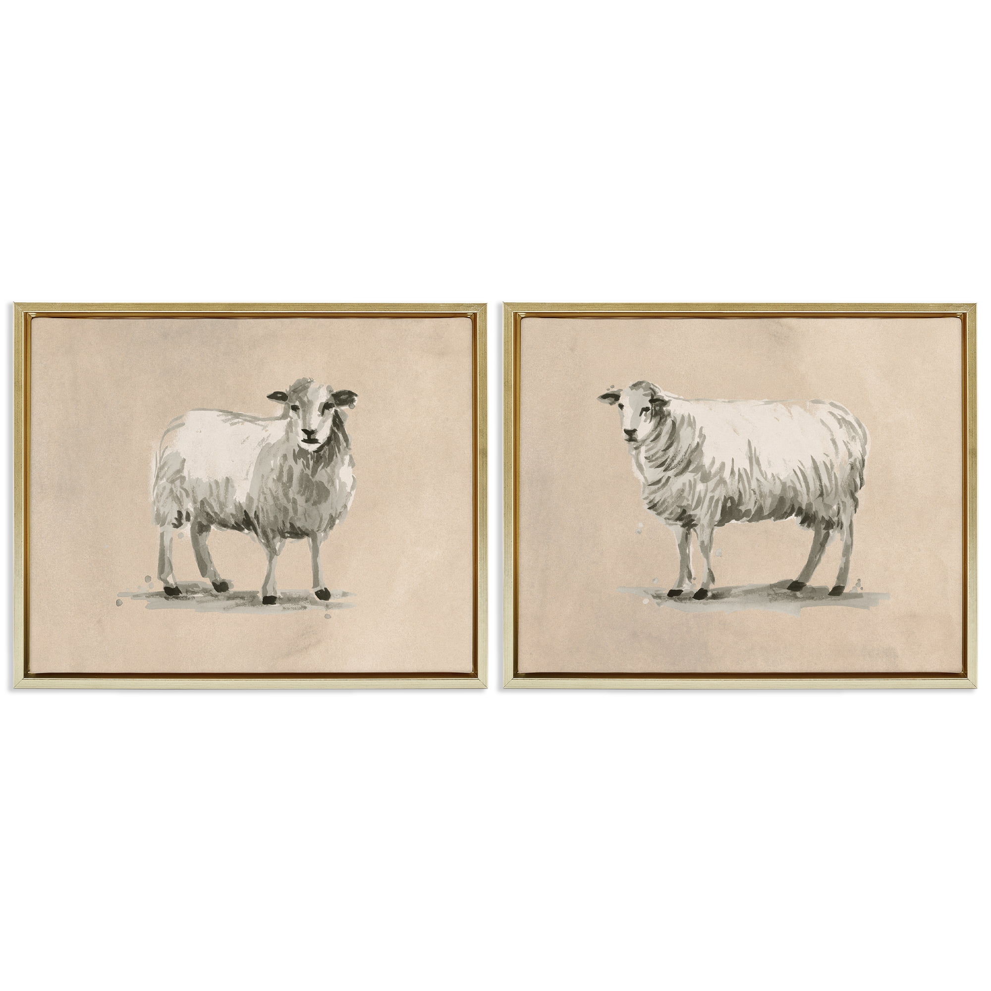 Stupell Industries Beige Sheep Portrait Animals Painting Gold Floater Framed Canvas Art Print Wall Art, 21 x 17, Set of 2