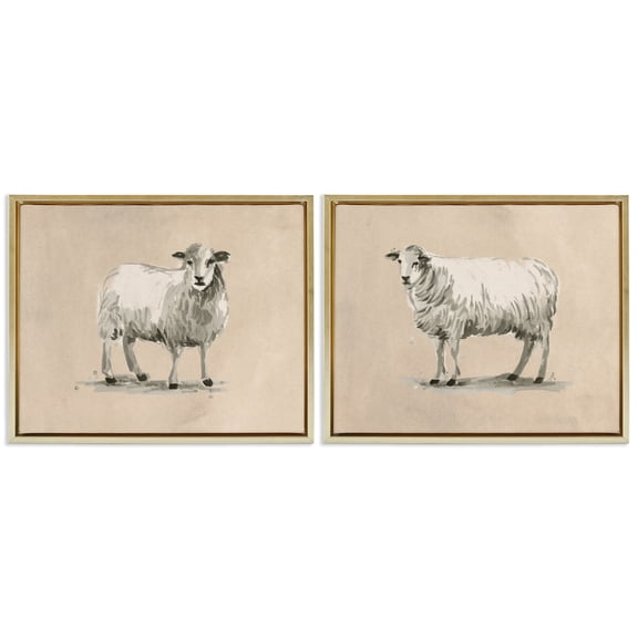 Stupell Industries Beige Sheep Portrait Animals Painting Gold Floater Framed Canvas Art Print Wall Art, 31 x 25, Set of 2