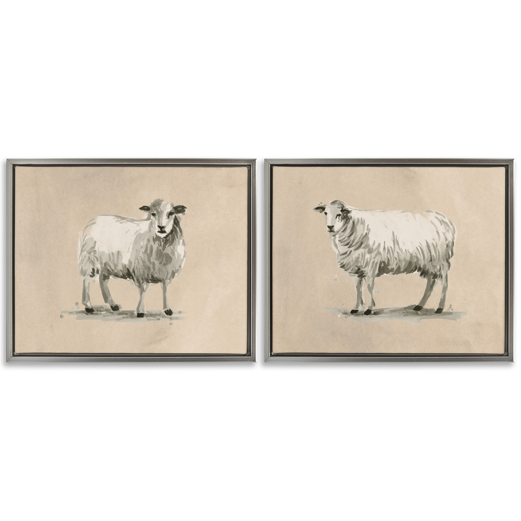 Stupell Industries Beige Sheep Portrait Animals Painting Gray Floater Framed Canvas Art Print Wall Art, 21 x 17, Set of 2