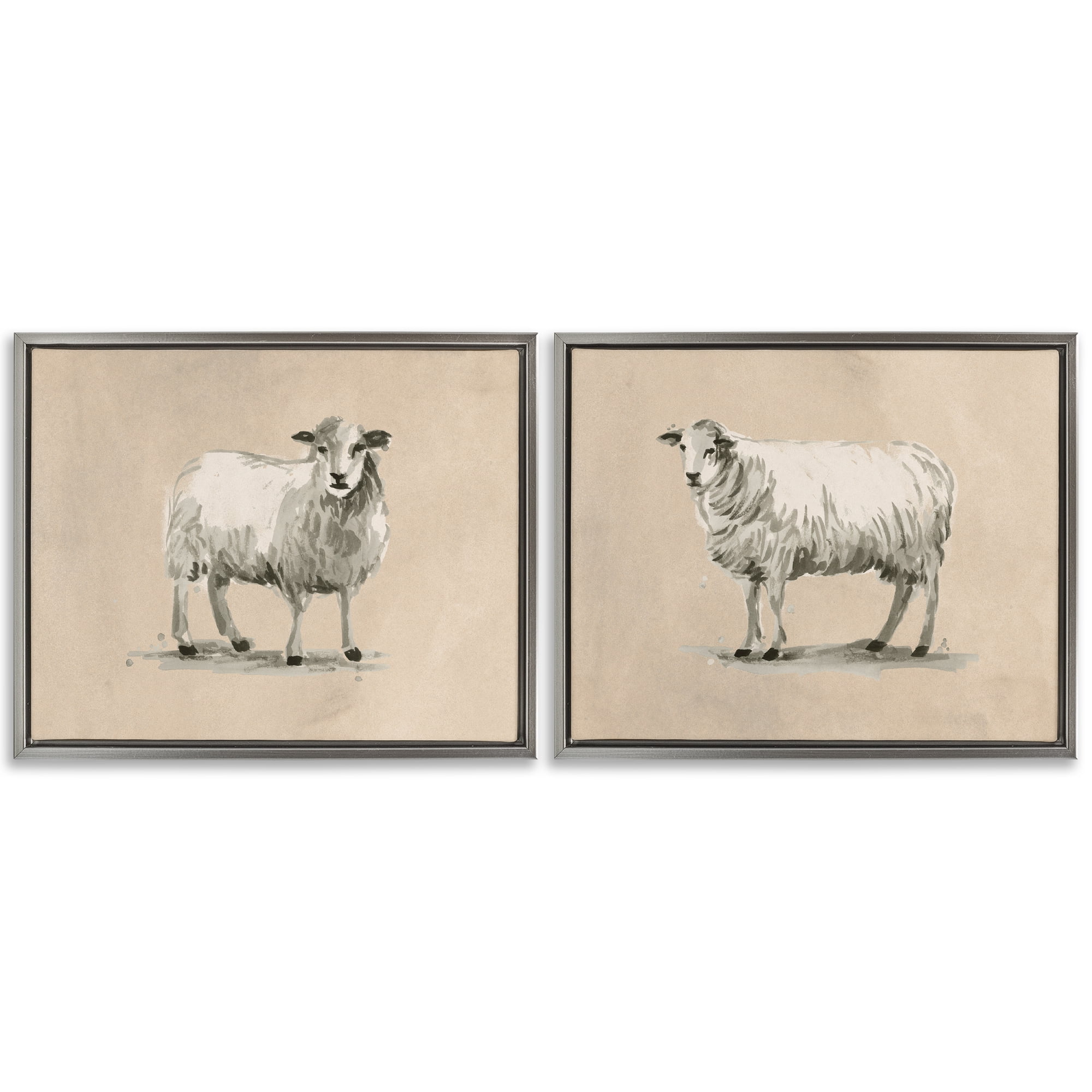 Stupell Industries Beige Sheep Portrait Animals Painting Gray Floater Framed Canvas Art Print Wall Art, 31 x 25, Set of 2