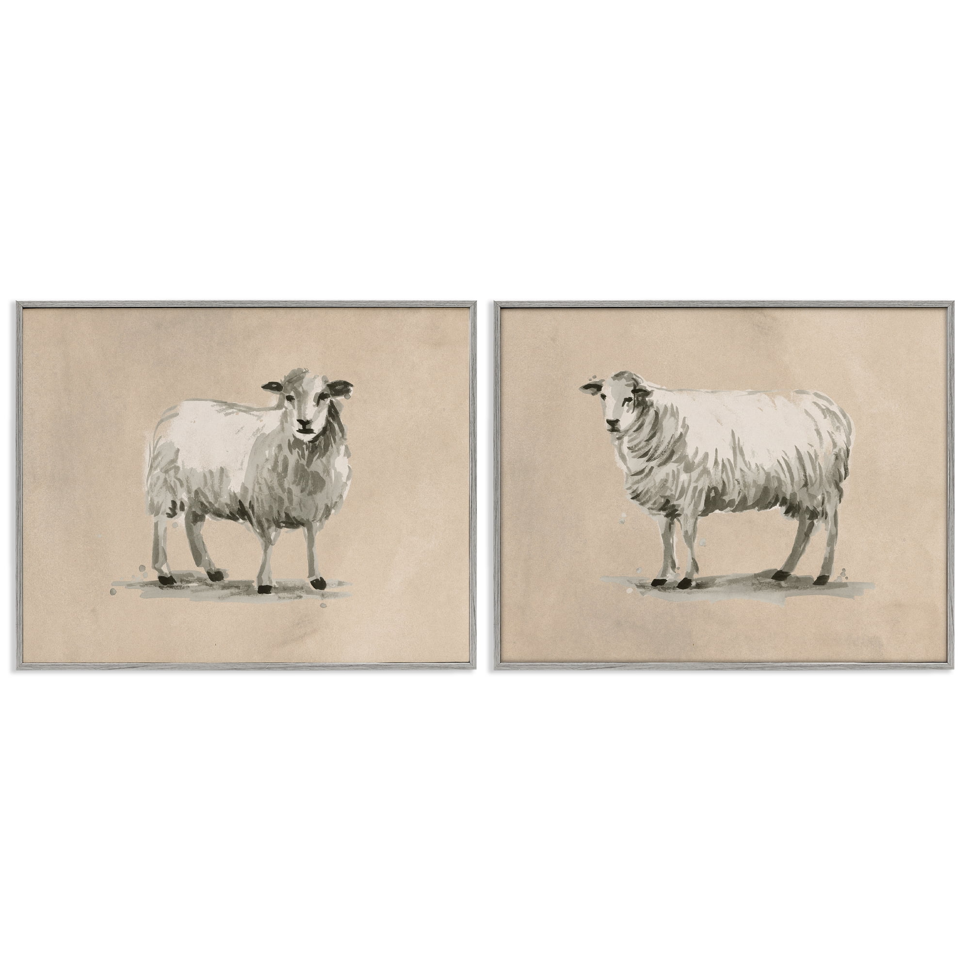 Stupell Industries Beige Sheep Portrait Animals Painting Gray Framed Art Print Wall Art, 20 x 16, Set of 2
