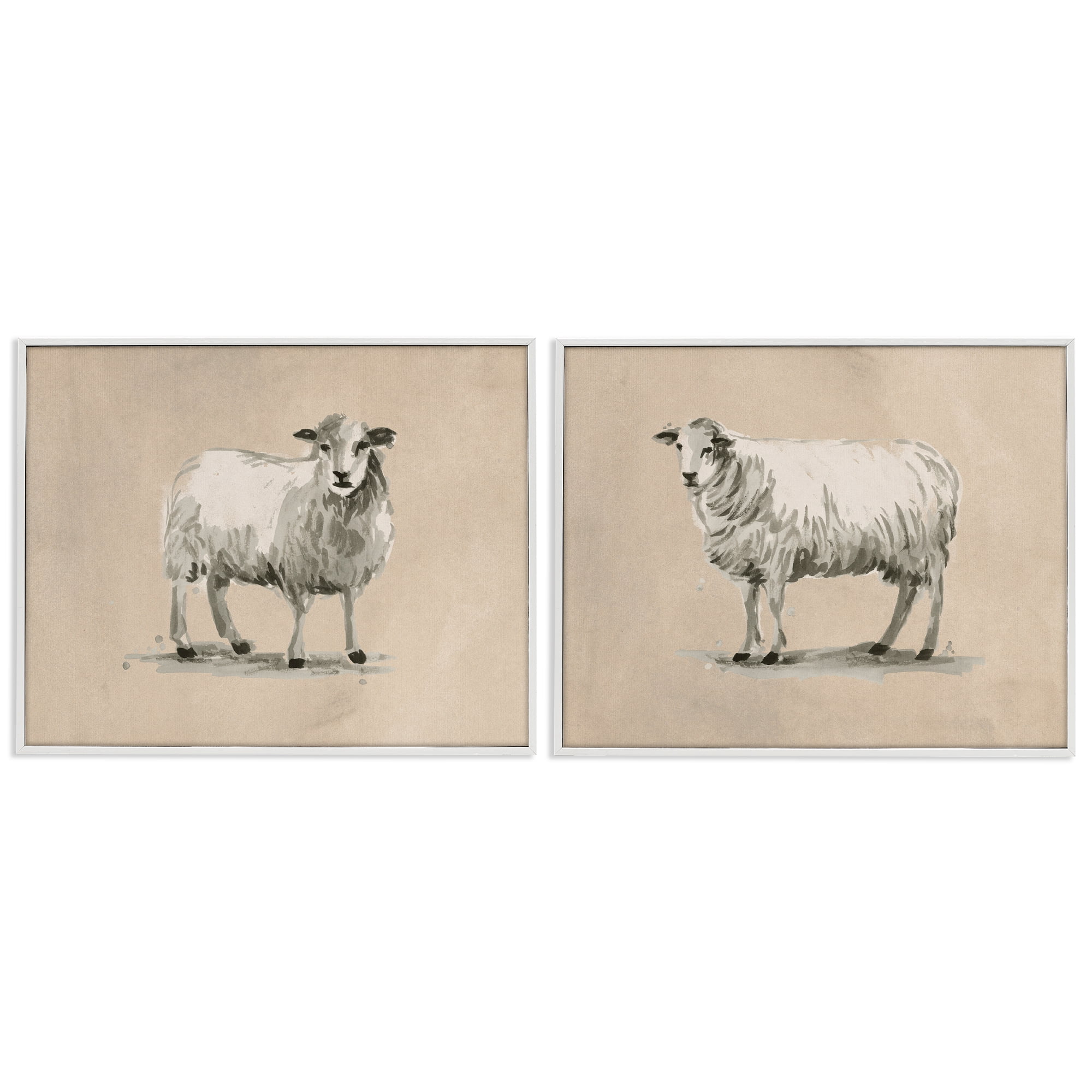 Stupell Industries Beige Sheep Portrait Animals Painting White Framed Art Print Wall Art, 30 x 24, Set of 2