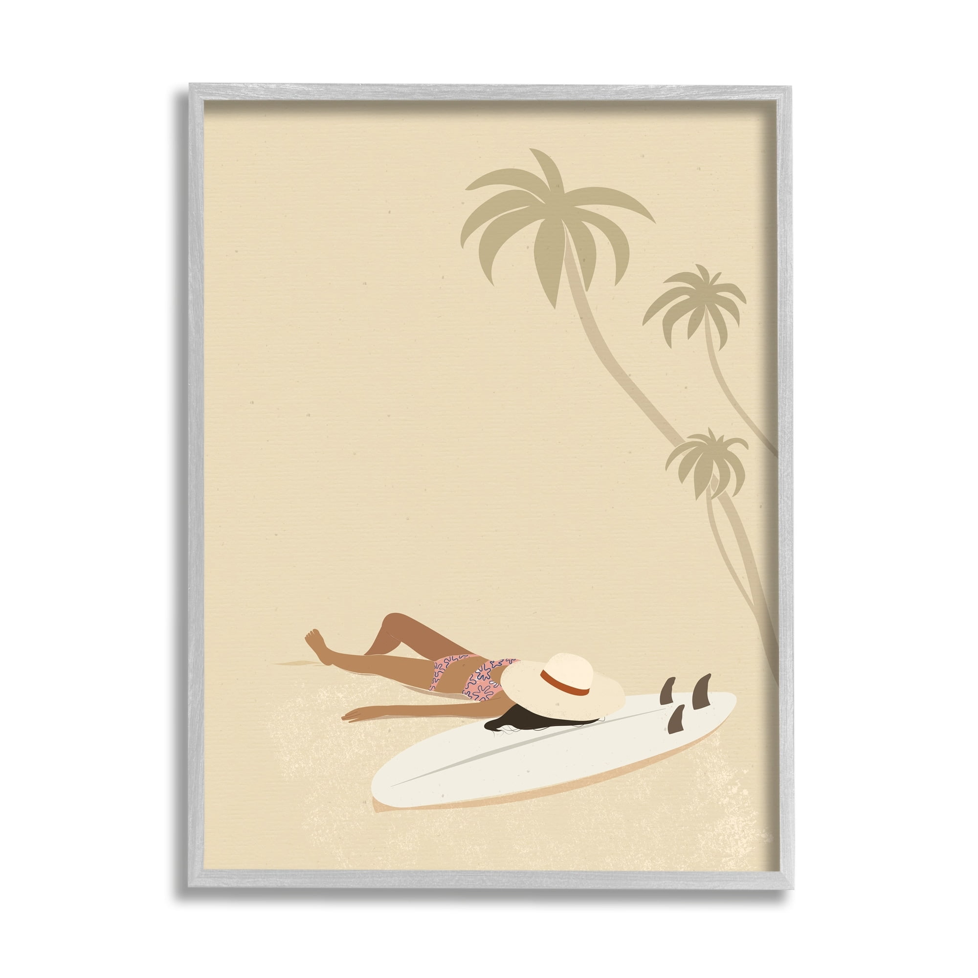 Beige Summer Sunbathing Girl Coastal Canvas Print with Gray Frame