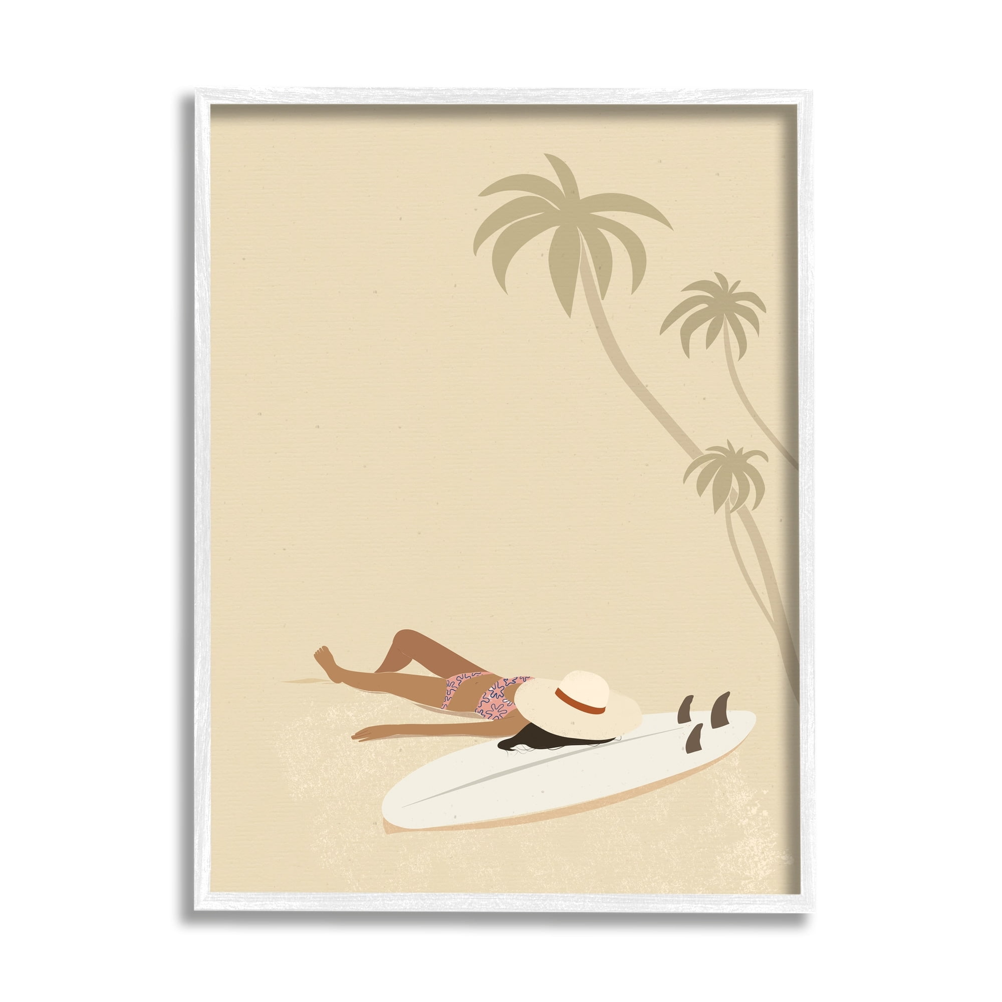 Stupell Industries Beige Summer Sunbathing Girl Coastal Painting White Framed Art Print Wall Art