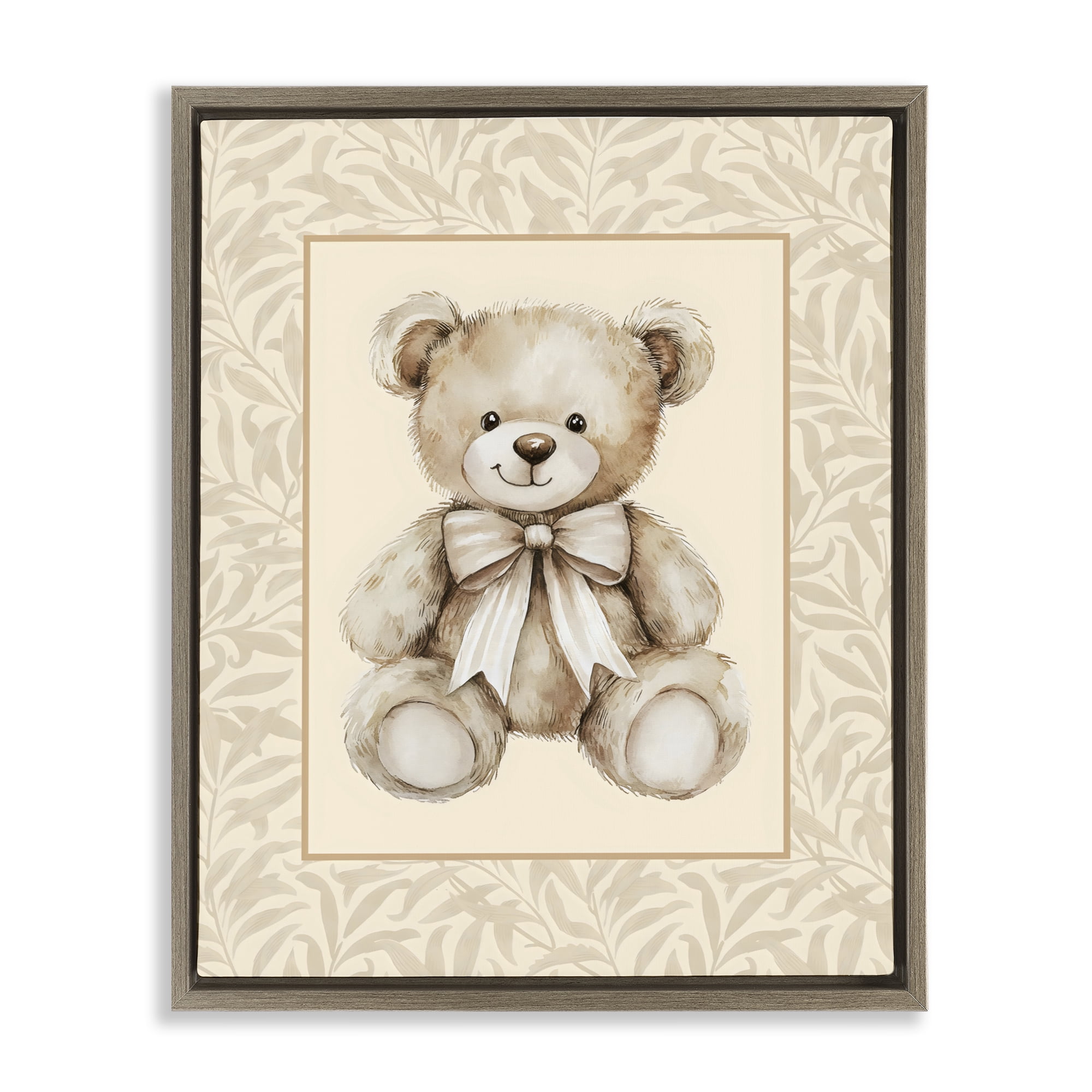 Stupell Industries Beige Teddy Bear and Border Brown Framed Floater Canvas Wall Art, design by LSR Design Studio