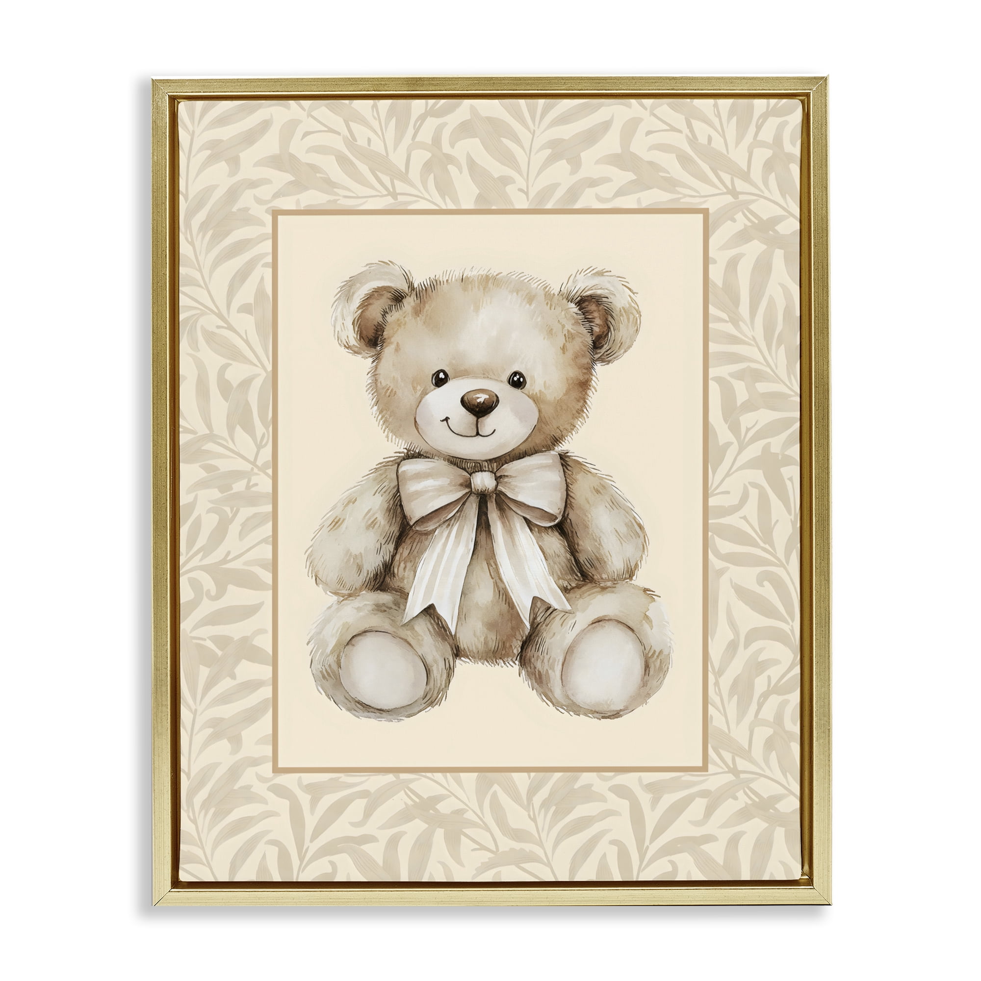 Stupell Industries Beige Teddy Bear and Border Gold Framed Floater Canvas Wall Art, design by LSR Design Studio